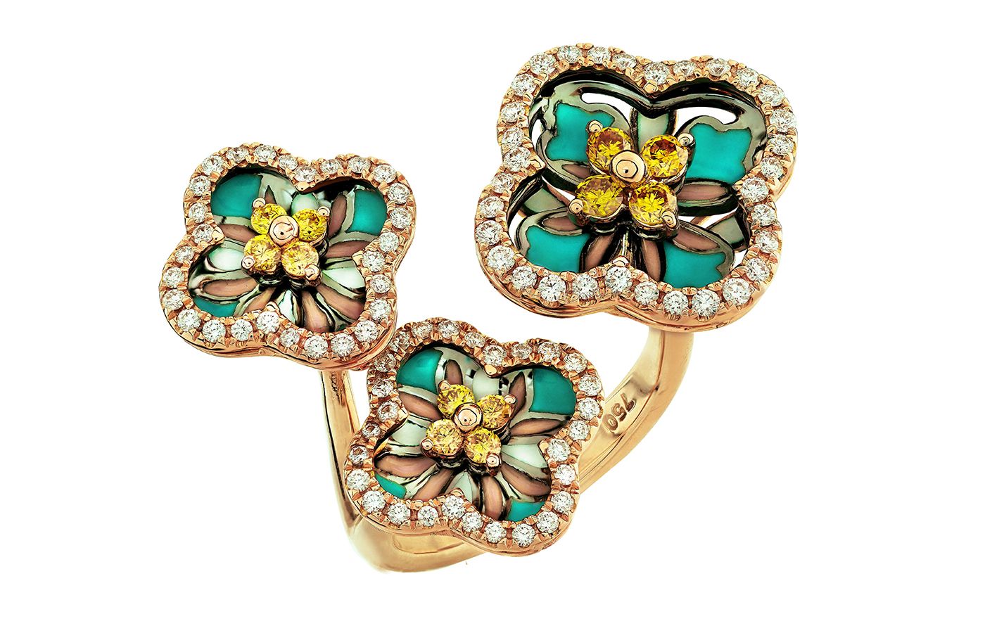  Caratell Colours of Heritage™️ Trio ring with yellow diamonds and plique-à-jour enamel petals 