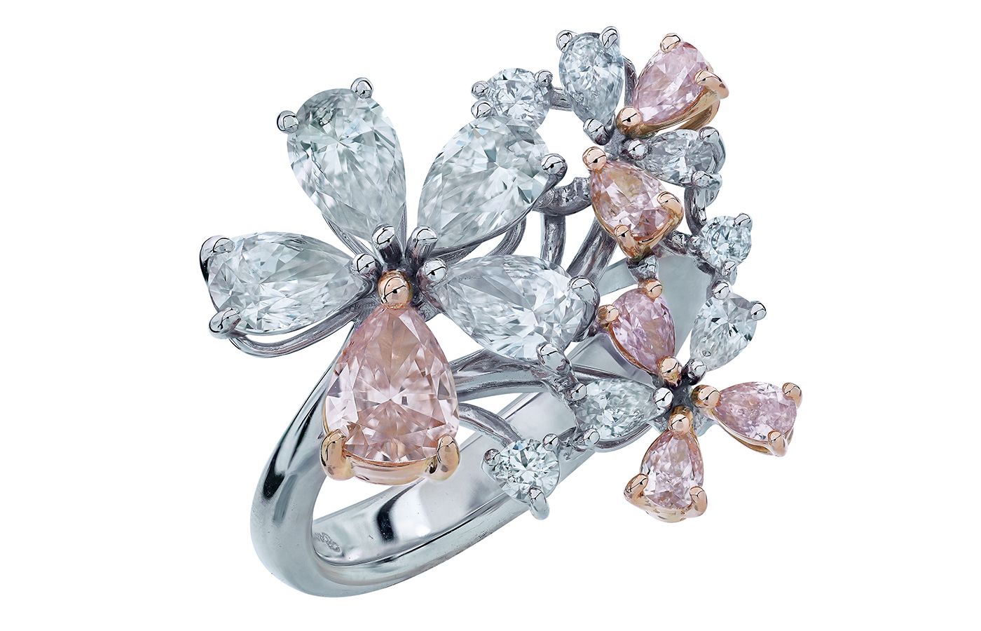  Caratell ring with a 0.42-carat fancy pink pear-shaped diamond plus further pink and colourless diamonds 