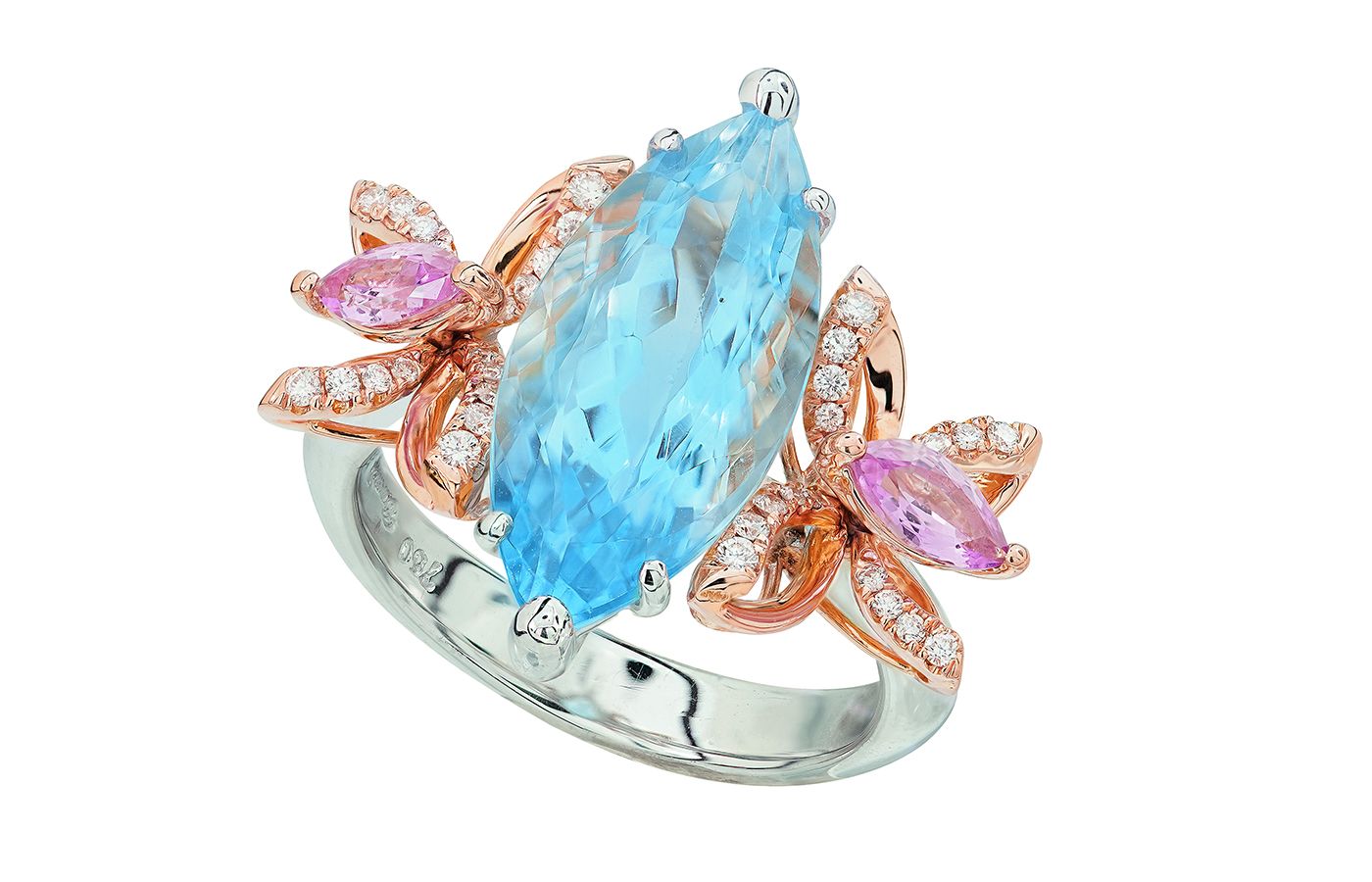 Caratell ‘In Reverie of Mariposa’ ring with a marquise-cut topaz and pink sapphires