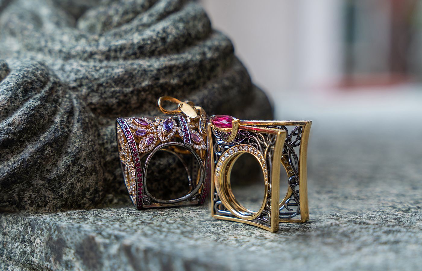 Designs by Caratell including a ring from the Temptations collection and the Embroidery of Love ring with a 1.92-carat marquise-shaped tourmaline