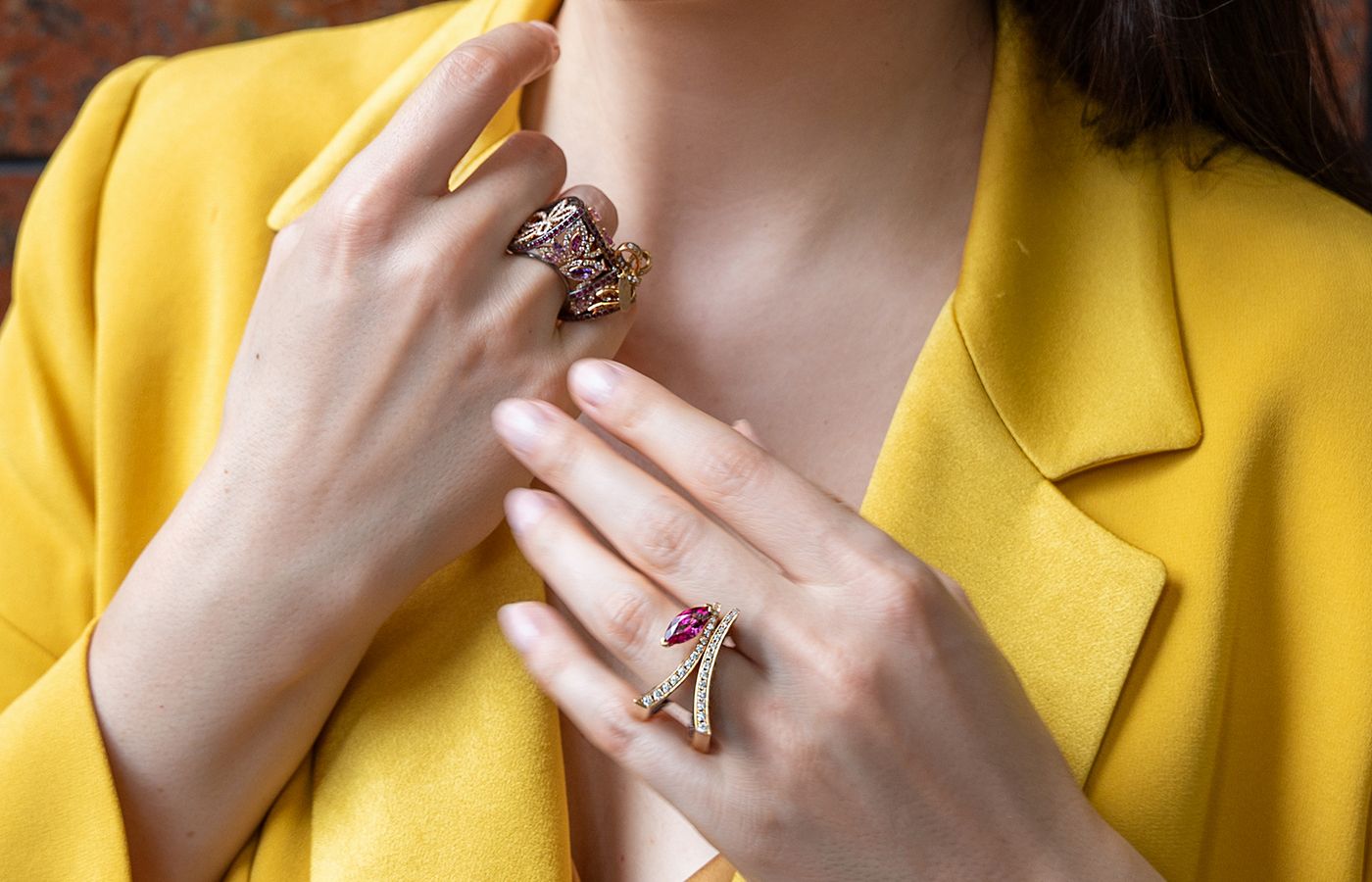  Katerina Perez wears striking cocktail rings by Caratell 