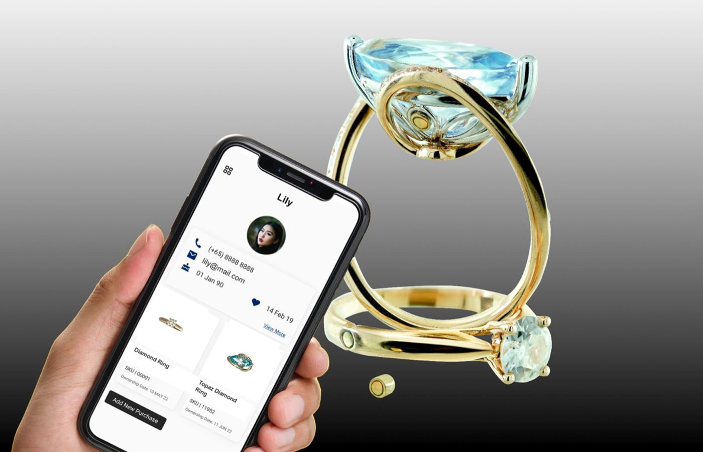 An example of a Caratell micro-chip in the setting of a cocktail ring with the corresponding mobile app