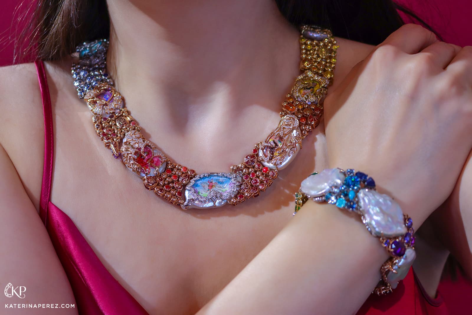 Katerina Perez wears the Harem's Garden necklace and matching bracelet by Alessio Boschi