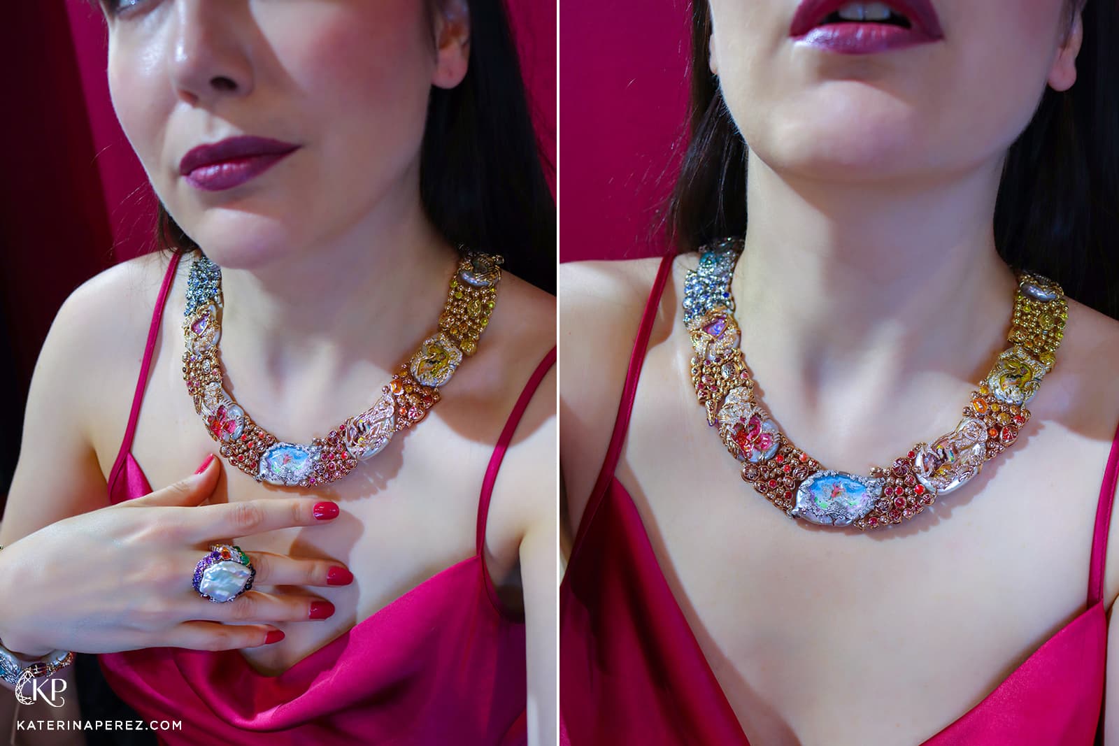  A closer look at the baroque pearl and rainbow-coloured gems of the Alessio Boschi Harem's Garden necklace and matching ring