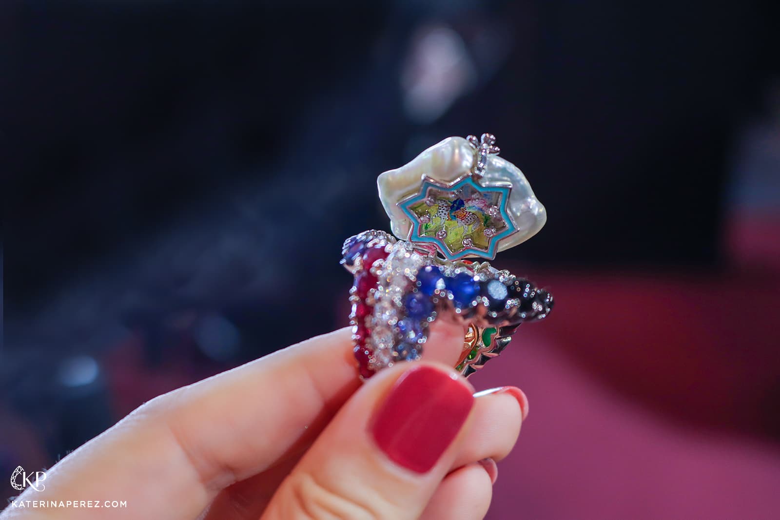  The Alessio Boschi Harem’s Garden High Jewellery ring has a hinge mechanism to reveal a miniature painting beneath the baroque freshwater pearl