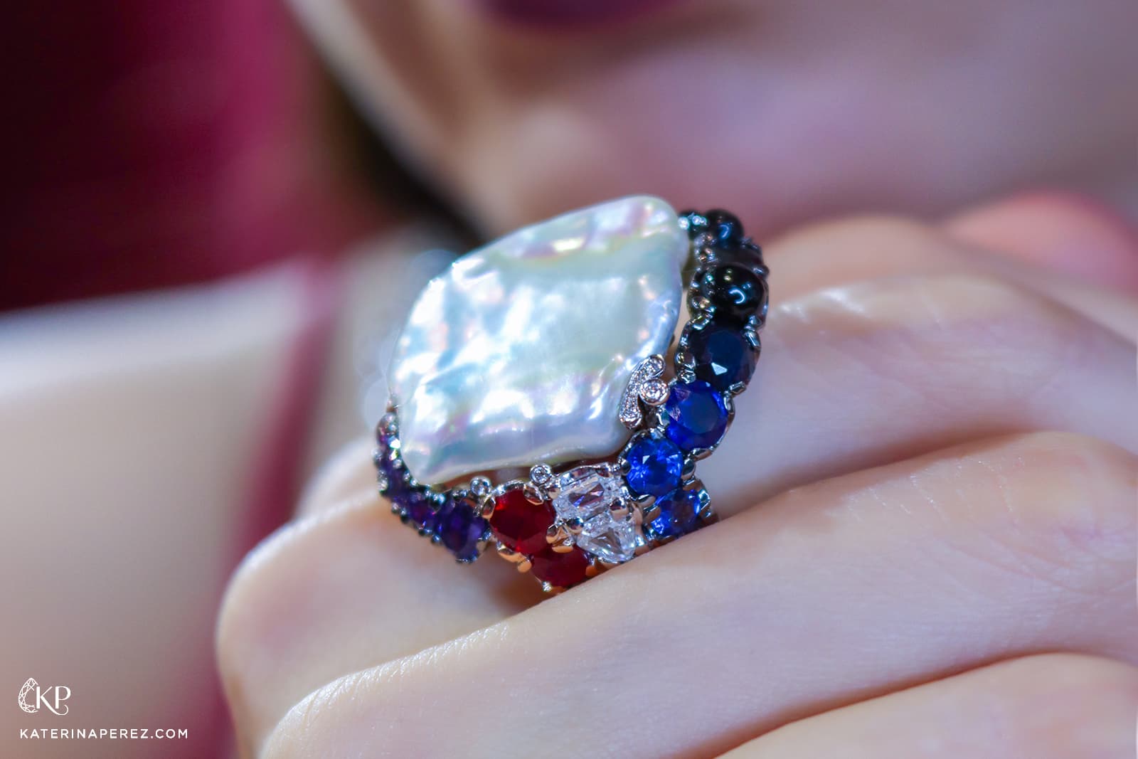 Alessio Boschi Harem’s Garden High Jewellery ring in 18k white, yellow and rose gold with black and white diamonds, multi-coloured gemstones and a 12-carat freshwater pearl