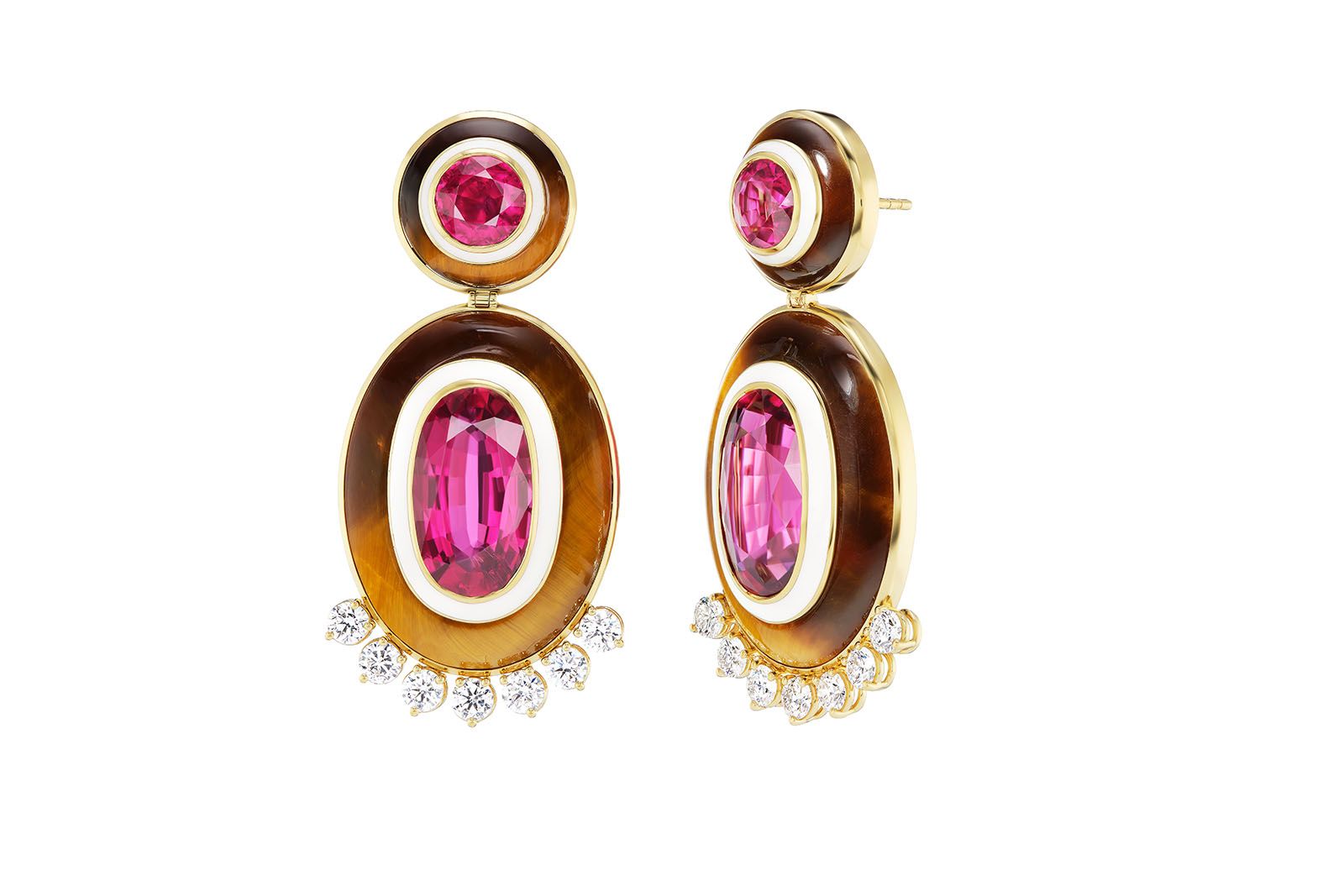  Emily P. Wheeler Diana earrings in white enamel, tiger's eye and pink rubellite