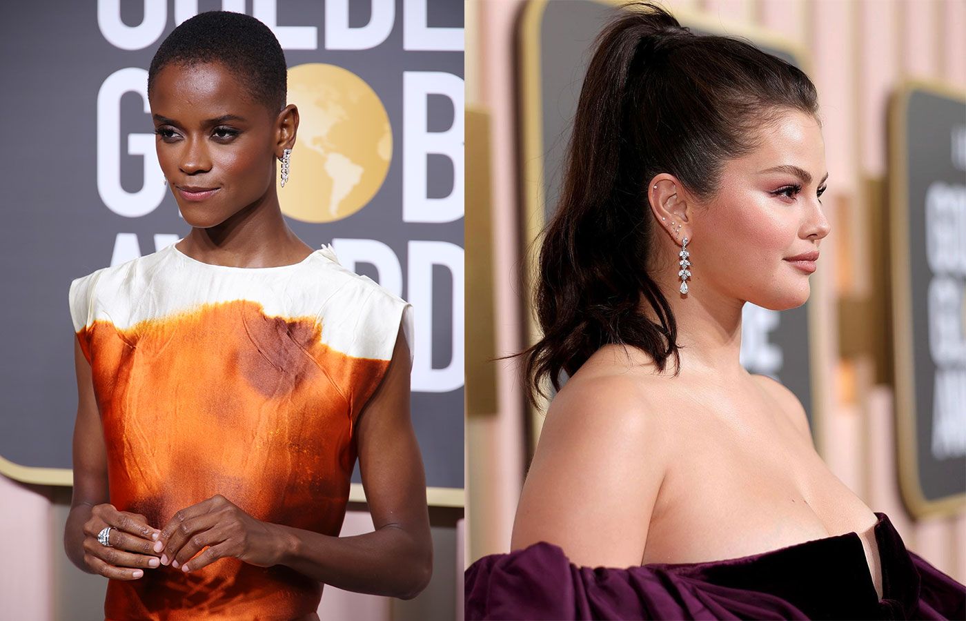  Letitia Wright and Selena Gomez in drop diamond earrings from Bulgari and De Beers
