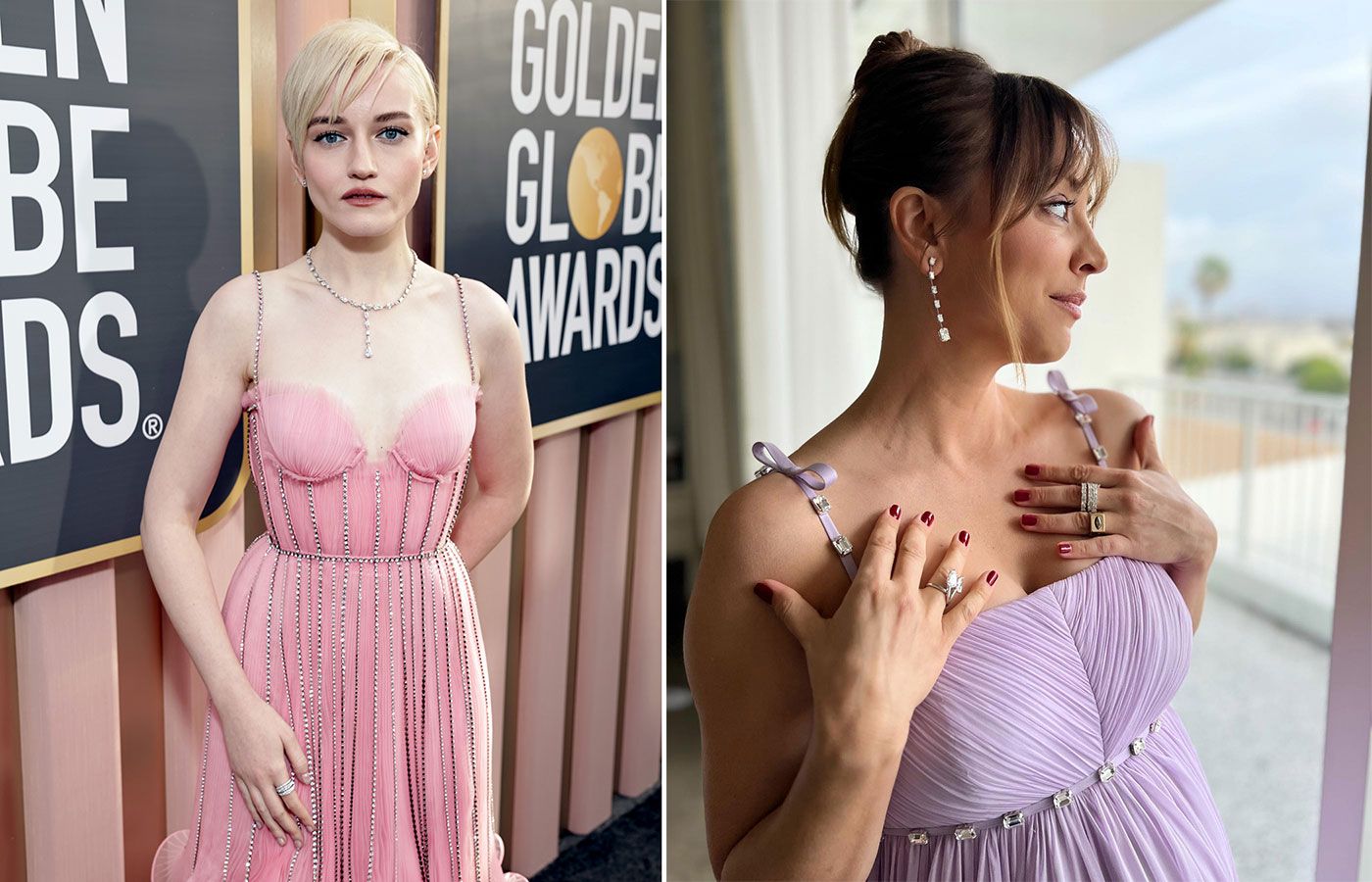 Julia Garner  wearing a De Beers lariat necklace and Kaley Cuoco in Rahaminov drop diamond earrings and diamond rings