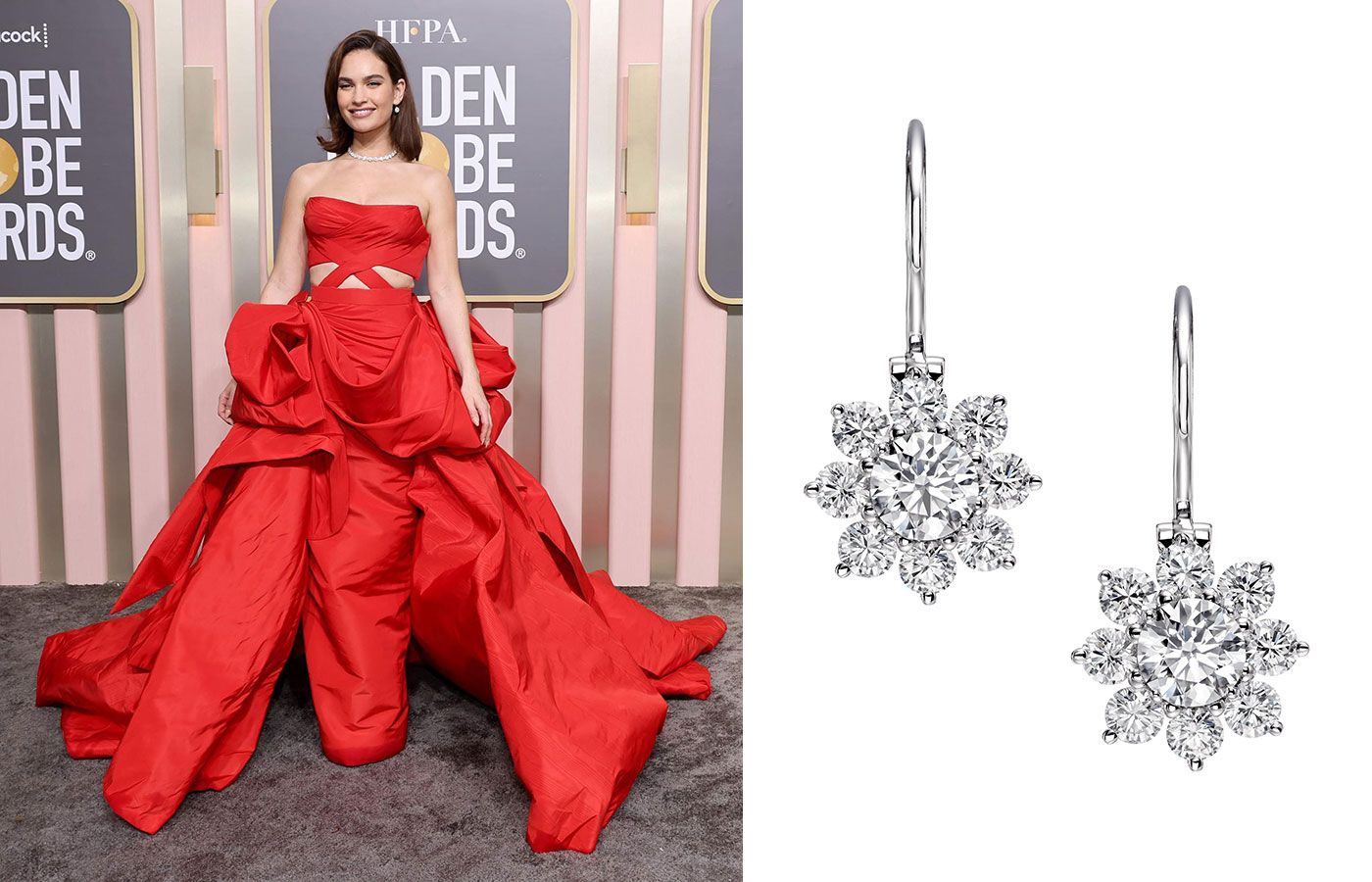 Lily James in a red strapless Versace gown and Harry Winston diamonds