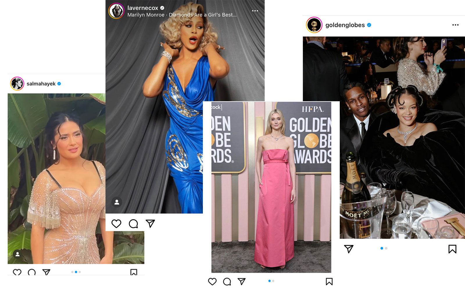 From left to right: Selma Hayek in Boucheron diamonds, Laverne Cox in Fred Leighton and Kwiat Jewels, Elizabeth Debicki in a Dior Joaillerie Rose Dior Bagatelle necklace in white gold and diamonds and Rihanna in a pear diamond stud from REZA and diamond Cartier High Jewelry earrings and a Cartier Sixième Sens High Jewelry necklace