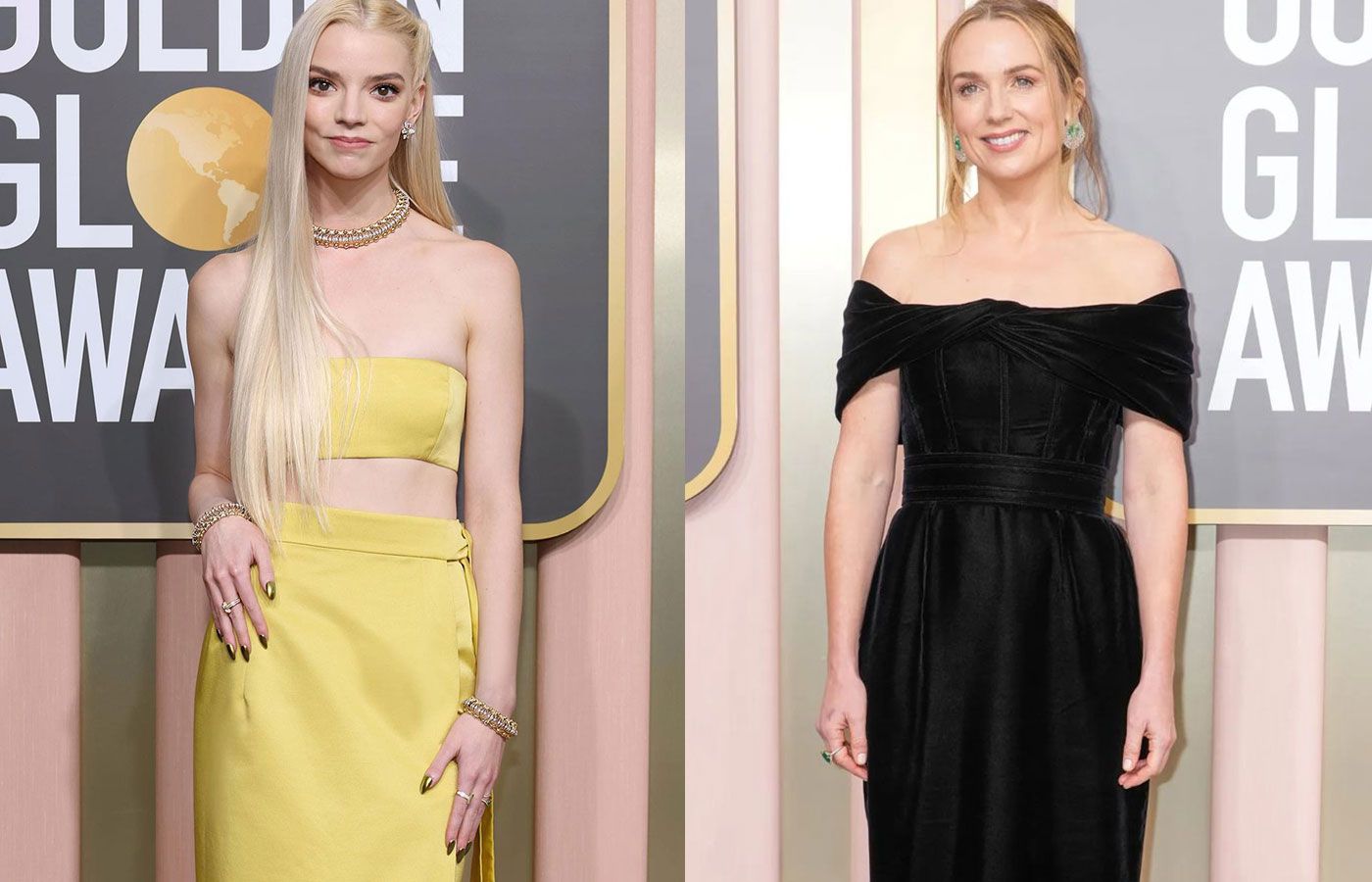  Anya Taylor-Joy in Tiffany & Co. yellow gold and diamond  jewels and Kerry Condon in white gold, emerald and diamond jewels by Lorraine Schwartz