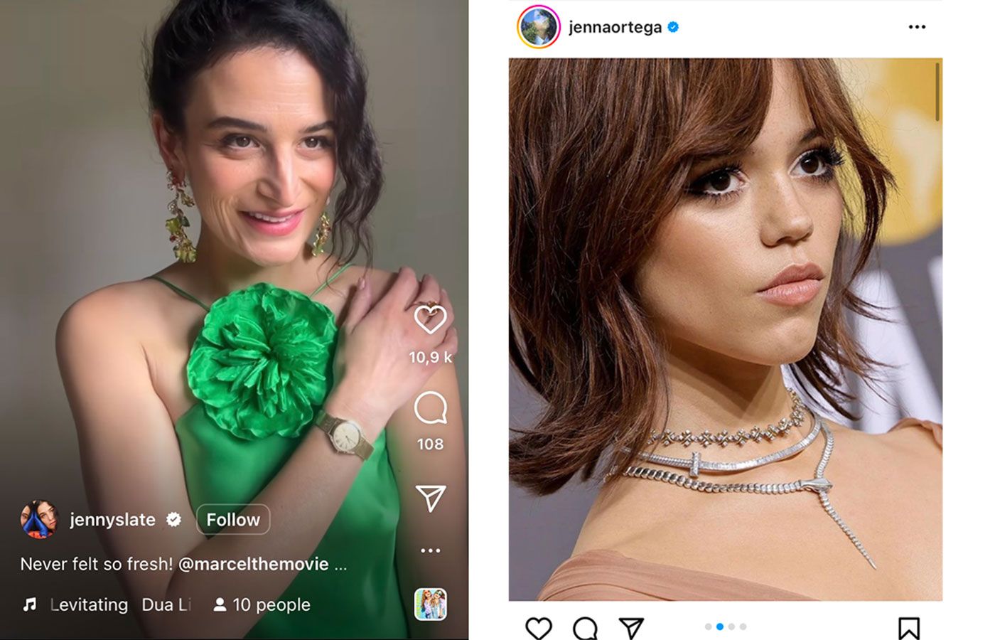 Jenny Slate in Anabela Chan earrings with an Omega timepiece and Jenna Ortega in layered Tiffany & Co. diamond necklaces 