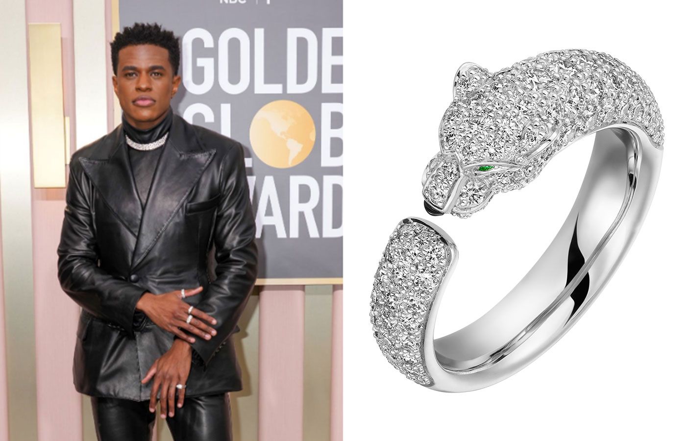  Jeremy Pope in Cartier Collection Panthère white gold and diamond necklace, Panthère de Cartier white gold and diamond ring, a Cartier Maillon Panthère white gold and diamond ring, a Cartier Collection white gold, pear-shaped tsavorite garnets, onyx and diamond Panther head ring and a Cartier Collection white gold, onyx and diamond ring 