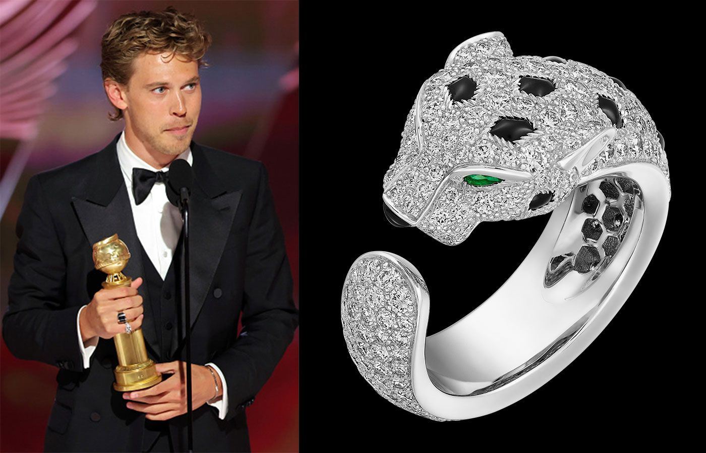 Austin Butler in a Cartier white gold and diamond Juste un Clou bracelet, a white gold and hawk's eye Cartier Collection 2004 ring and a Panthère de Cartier ring in white gold, emerald, onyx and diamond 