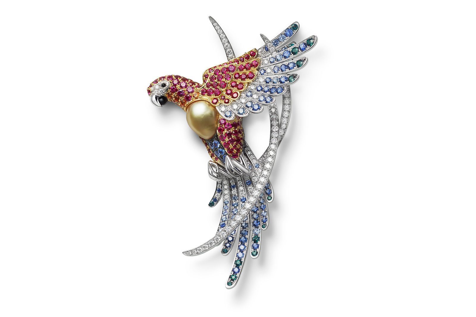 Mikimoto America Macaw brooch in 18K white and yellow gold with golden South Sea cultured pearl, ruby, sapphire, alexandrite, garnet, onyx and diamond from the Wild and Wonderful High Jewellery collection