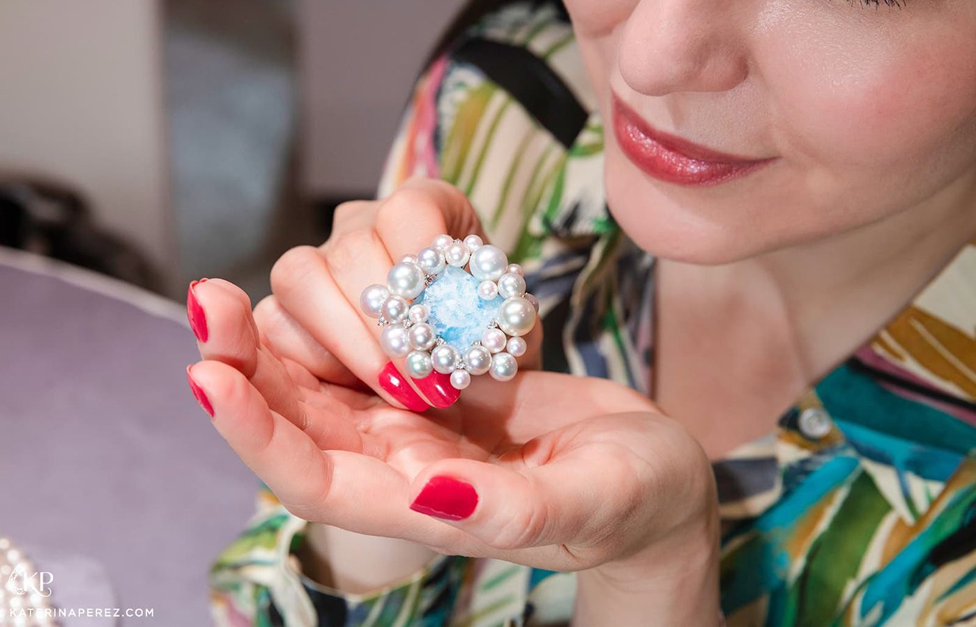  Katerina Perez presents a pearl and aquamarine ring by Assael 