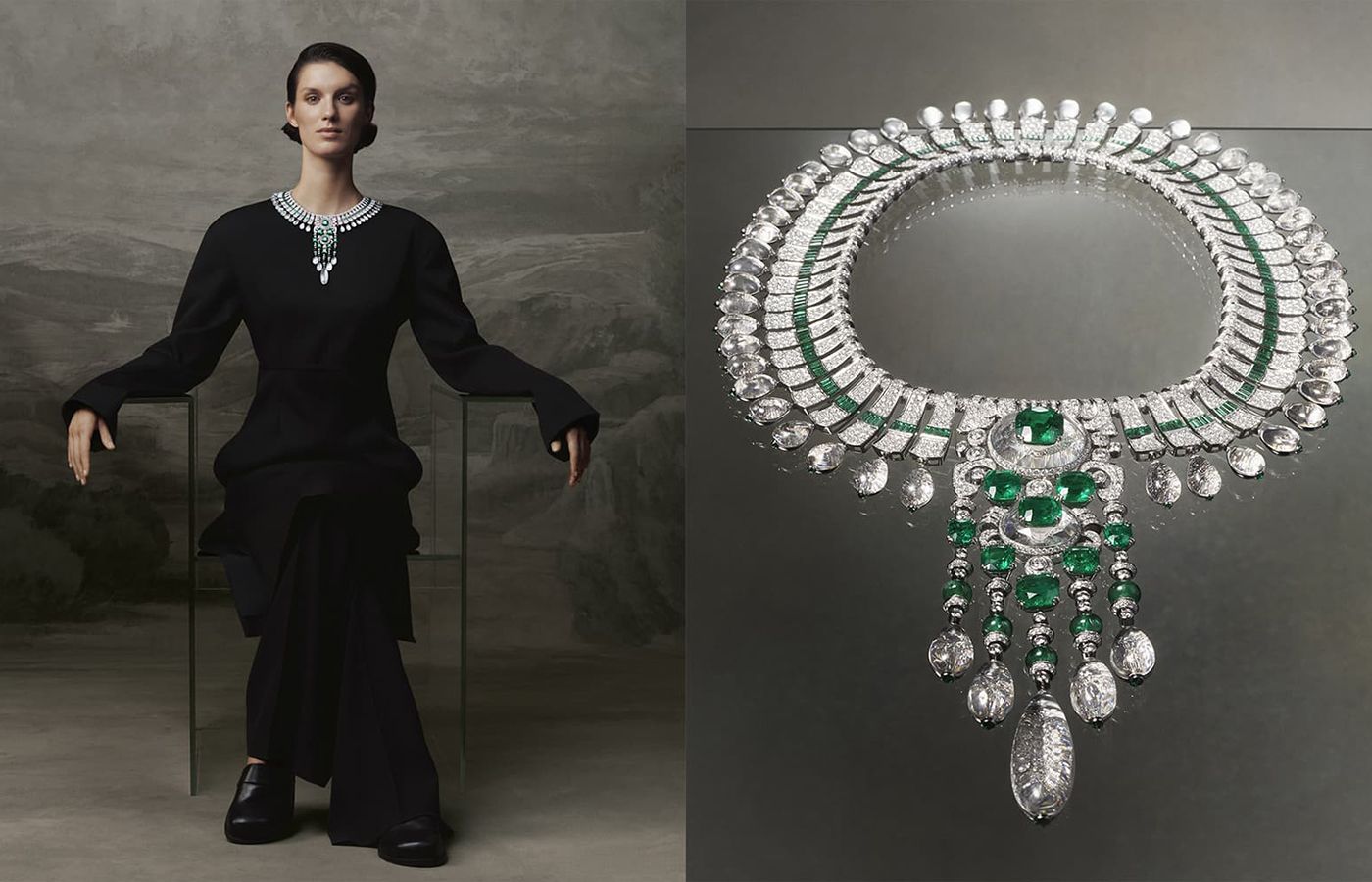 Boucheron New Maharajah Necklace set with nine Colombian cushion-cut emeralds for a total of 38.73 carats, diamonds, rock crystal and emeralds in platinum and white gold from the Histoire de Style New Maharajahs High Jewellery Collection