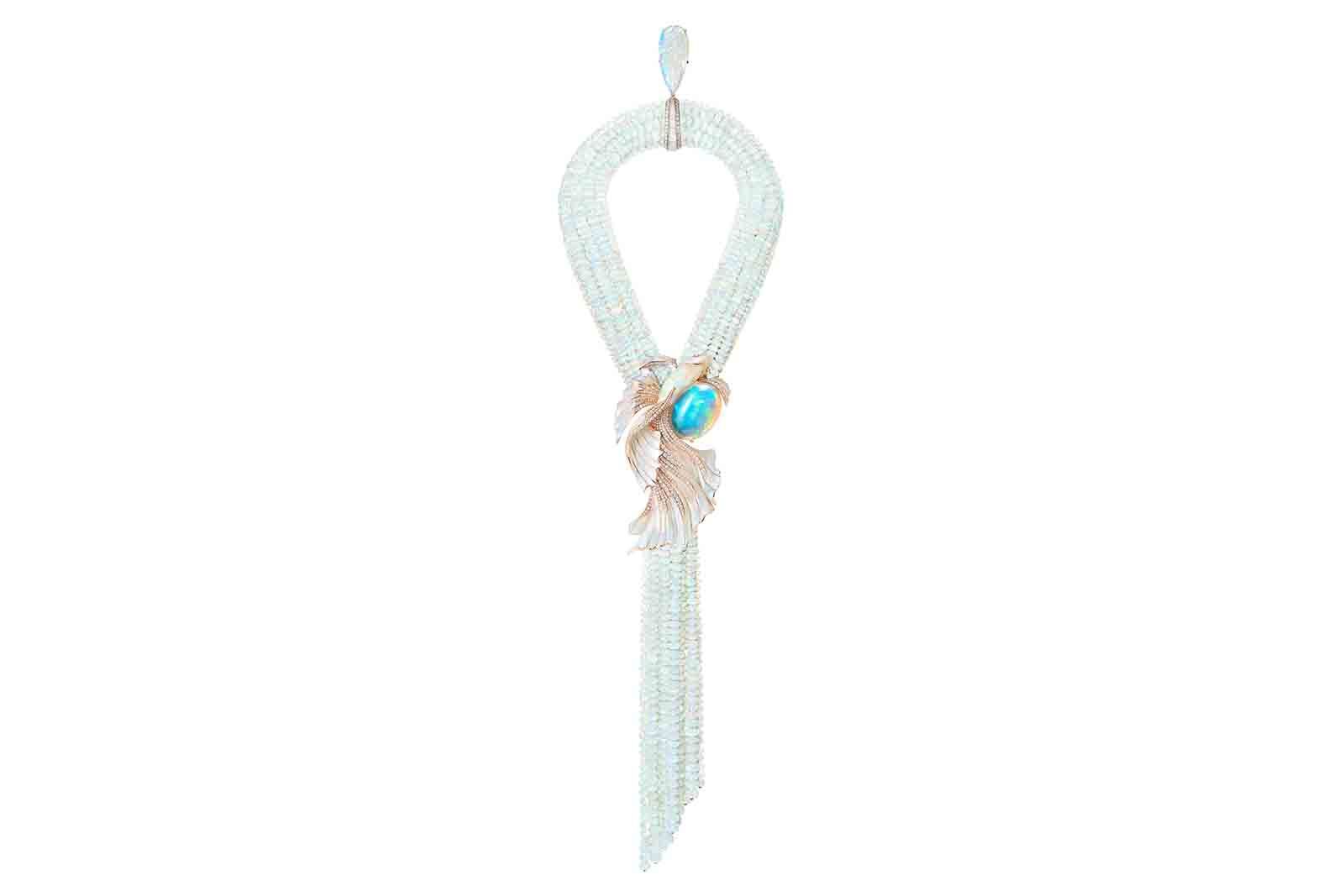 Opalescence necklace with 1,518.78 carats of opal beads, a 46.91 carat pear-shaped opal cabochon and a detachable betta fish brooch from the Boucheron Holographique High Jewellery collection