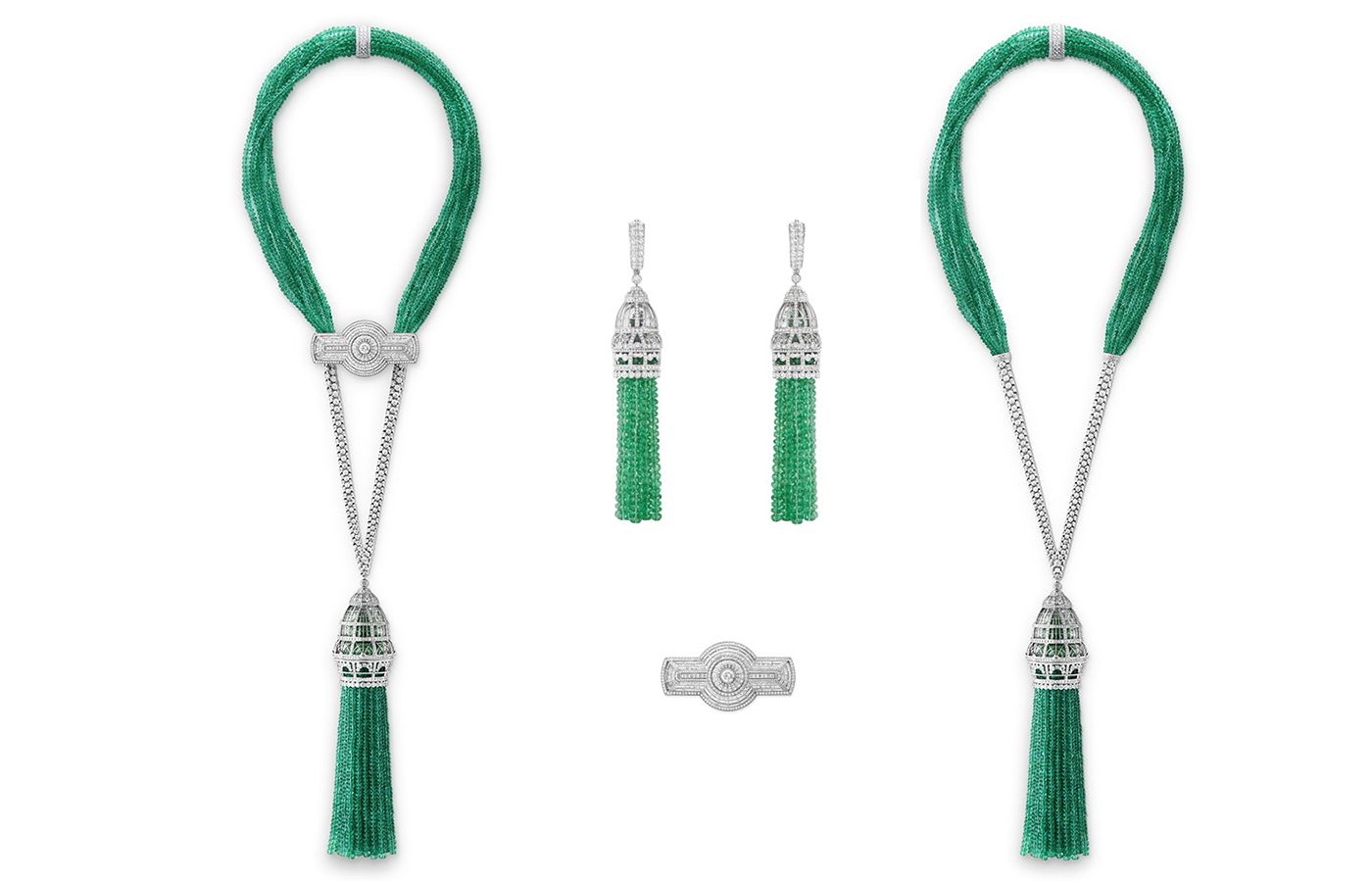  Boucheron 'Verriere' necklace with emerald beads and diamonds set in gold and titanium from the Paris Vu Du 26 High Jewellery Collection