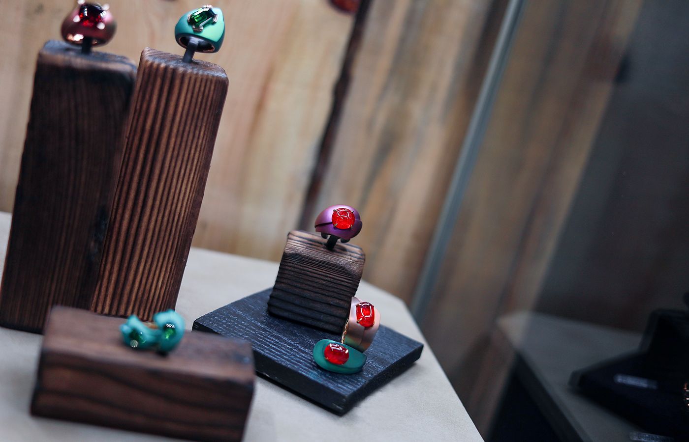  The Mashandy collection by Philippe Guilhem contains rings crafted in titanium and set with coloured gemstone cabochons 