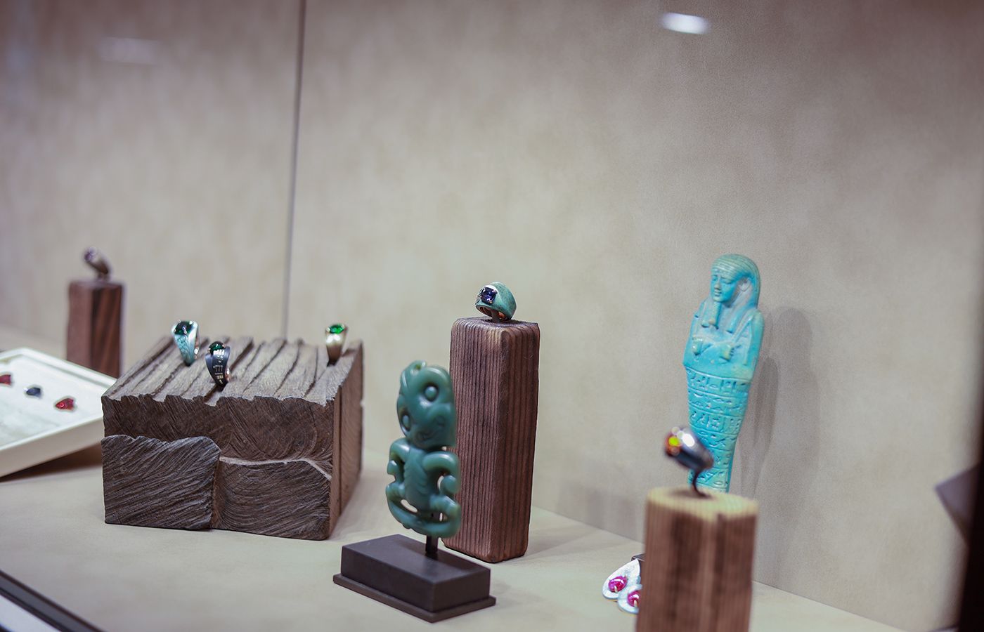 Historical artefacts are presented alongside fine jewellery at the Philippe Guilhem Mashandy boutique in Megève 
