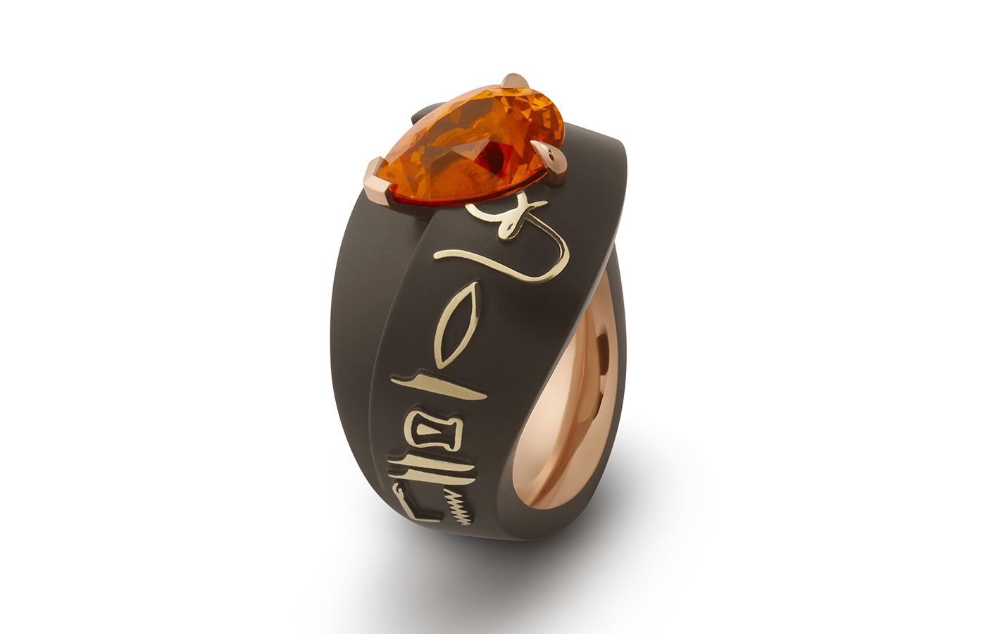  Philippe Guilhem Imisy ring with a 5.02 carat Mandarin garnet and Egyptian hieroglyphs from the Mashandy Origyne collection