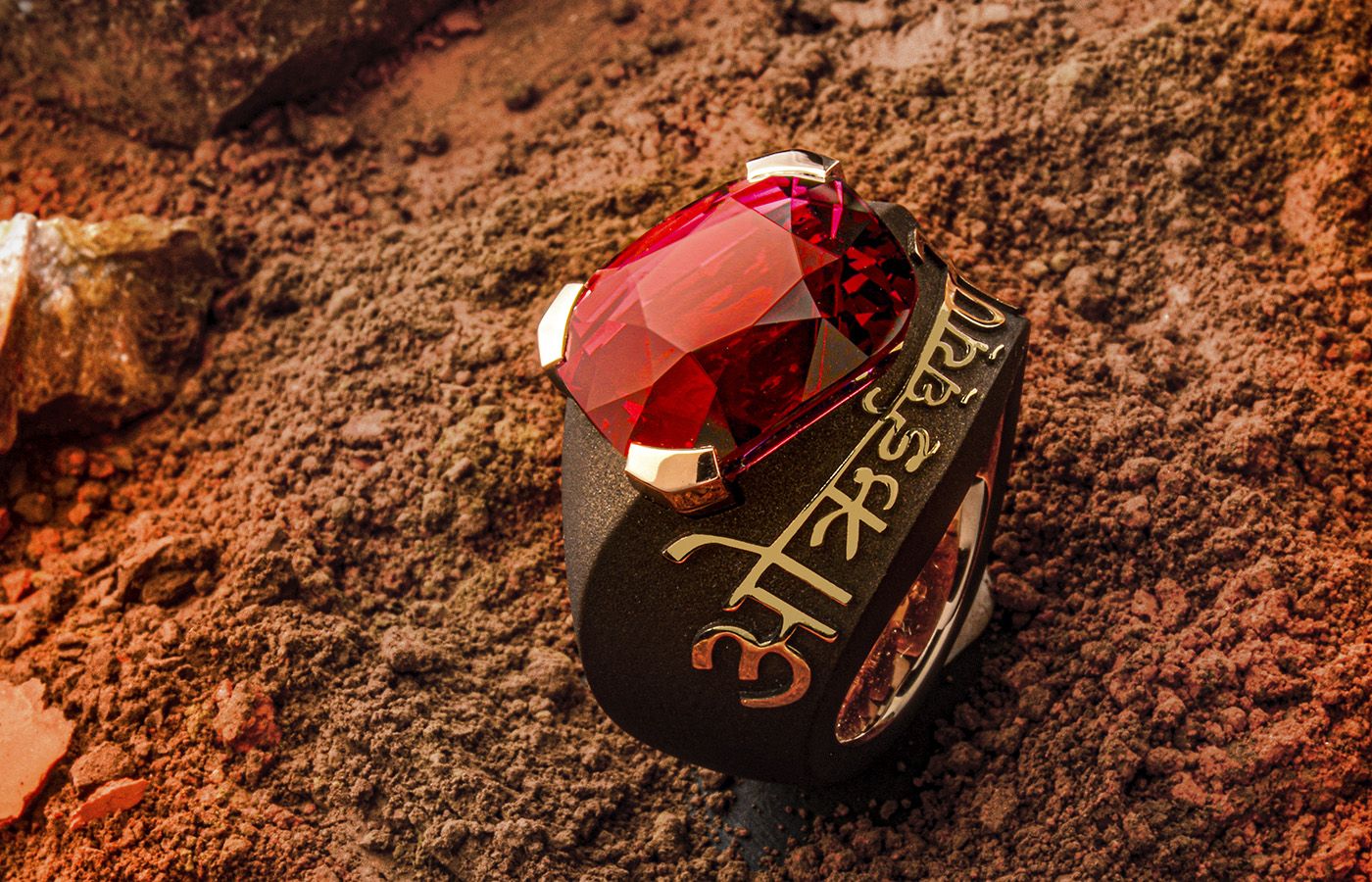  Philippe Guilhem Iryna ring with a 20.90 carat rhodolite garnet and Sanskrit details from the Mashandy Origyne collection