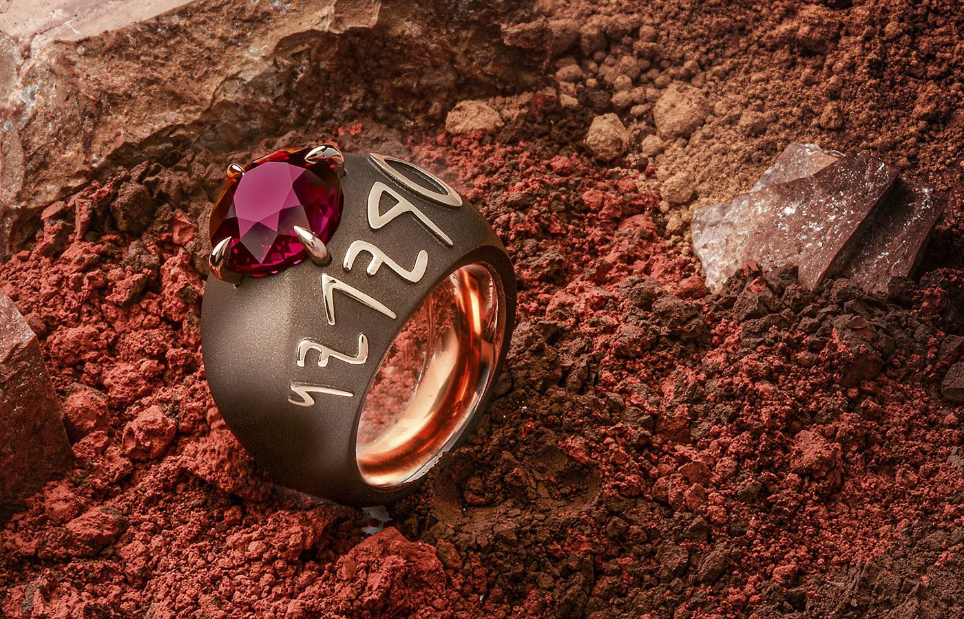  Philippe Guilhem Markiss ring with an 8 carat garnet and lettering from the extinct Phoenician language from the Mashandy Origyne collection