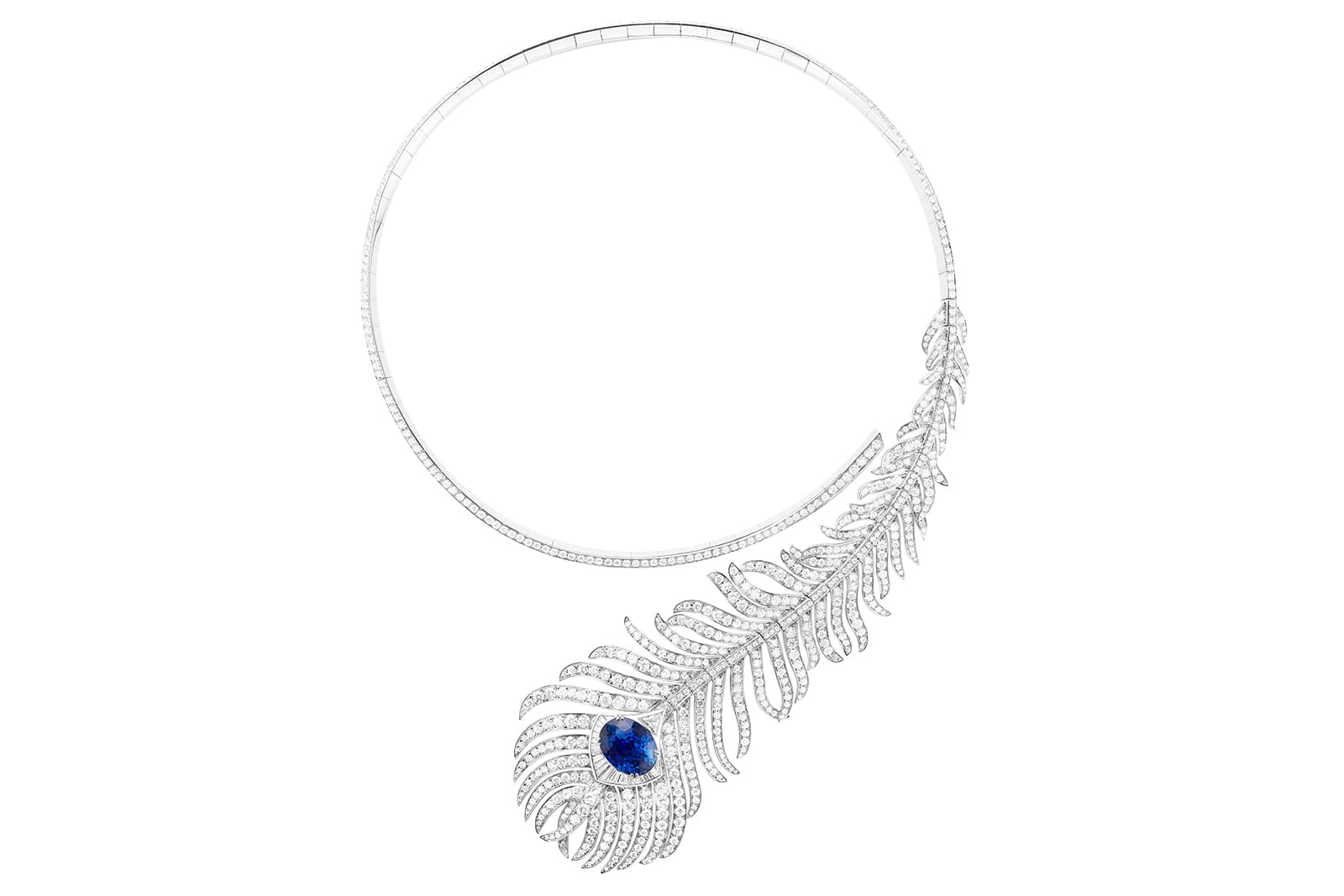  Boucheron High Jewellery Signature collection Plume de Paon Question Mark necklace set with a 10.98ct Burmese sapphire in white gold