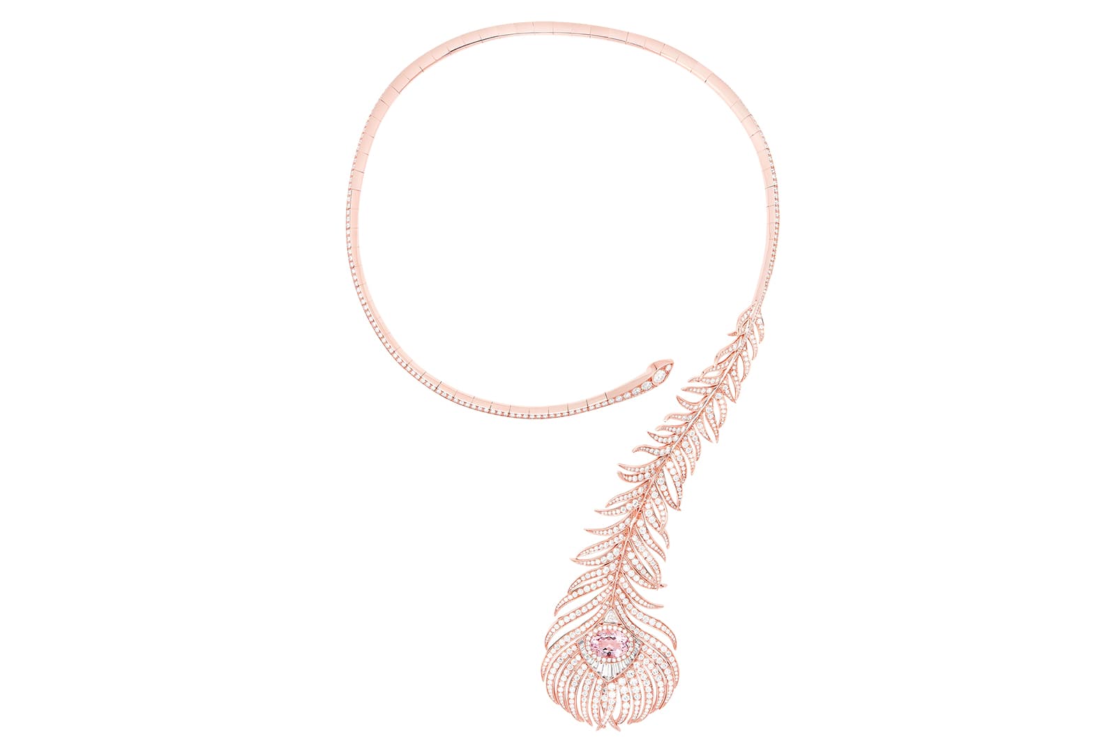  Boucheron High Jewellery Signature collection Plume de Paon Question Mark necklace set with a 12.41ct pink tourmaline in pink gold