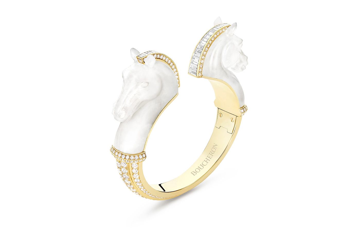  Boucheron 'Cheval de L'Opera' bangle in frosted quartz and diamonds set in yellow gold from the Paris Vu Du 26 High Jewellery Collection