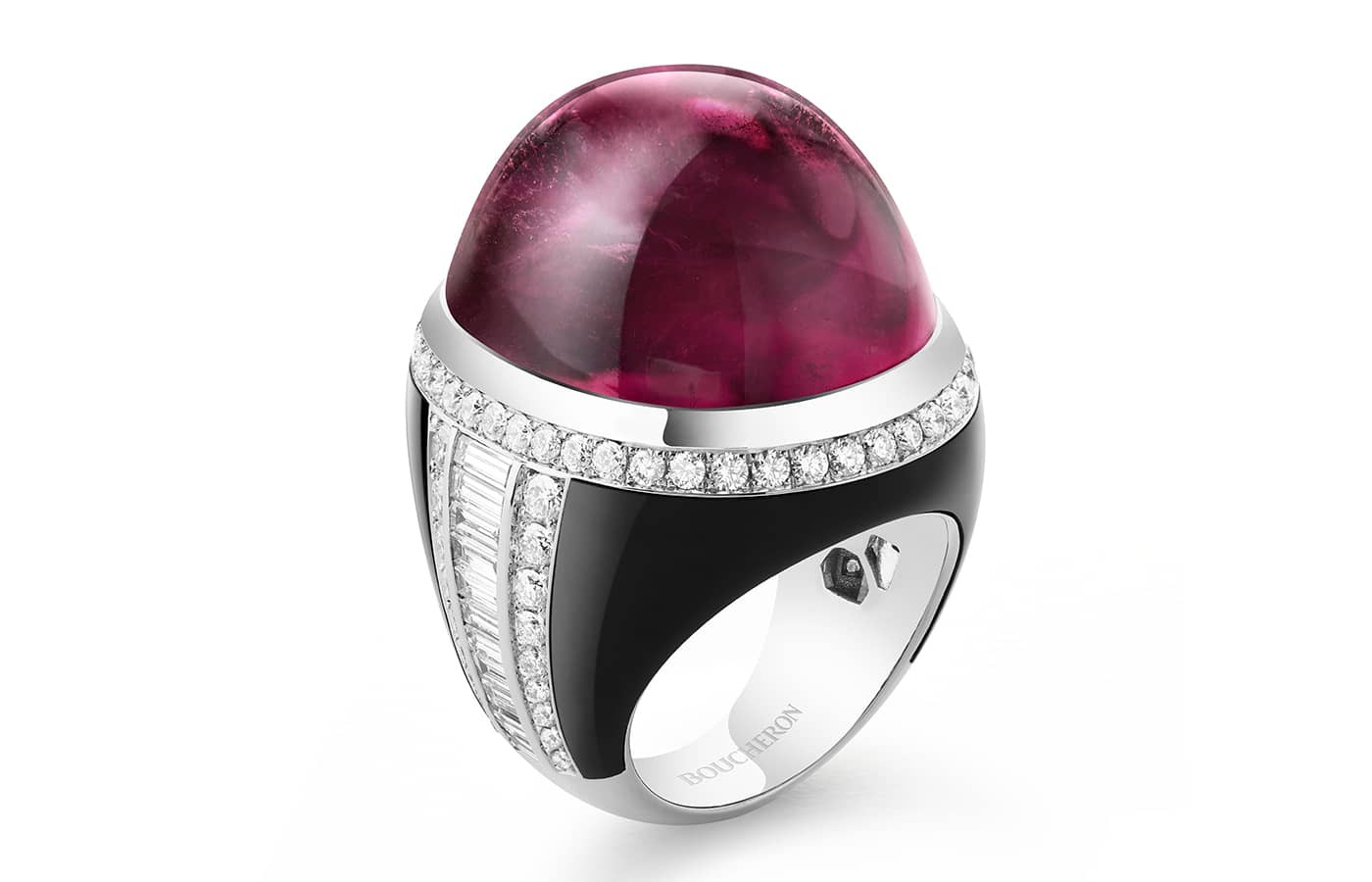 Boucheron 'Cabochon Parfum' ring set with a 64.14 ct cabochon rubellite and onyx, pavéd with diamonds on white gold  from the Nature Triomphante High Jewellery Collection