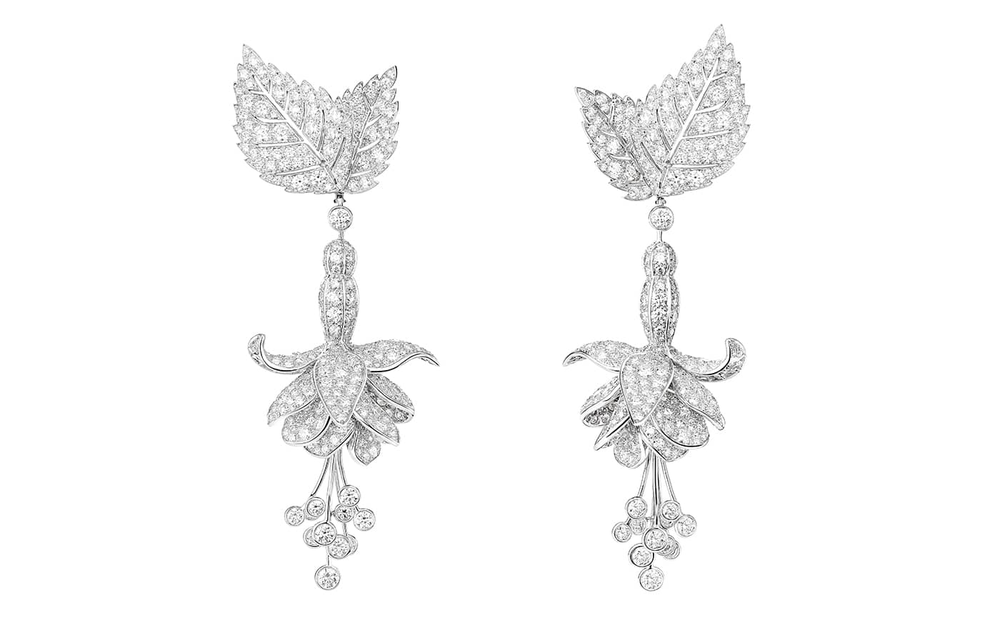  Boucheron 'Fuchsia' pendant earrings pavéd with diamonds on white gold from the Nature Triomphante High Jewellery Collection