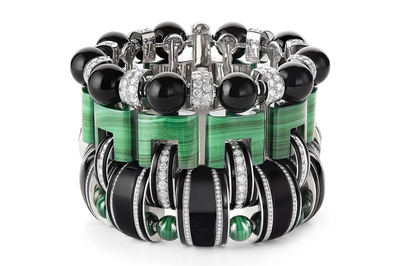  Boucheron 'Graphique' cuff set with malachite and onyx, pavéd with diamonds on white gold from the Nature Triomphante High Jewellery Collection