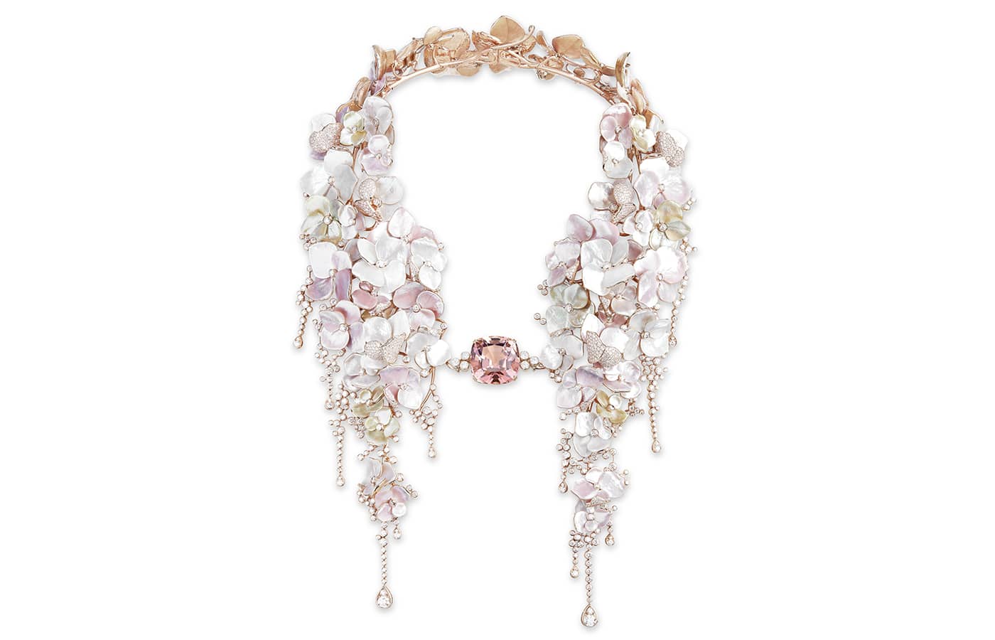 Boucheron ‘Nuage de Fleurs’ necklace with a 42.96 carat cushion cut pink tourmaline, mother of pearl and pave set diamonds in pink gold from the Nature Triomphante High Jewellery Collection