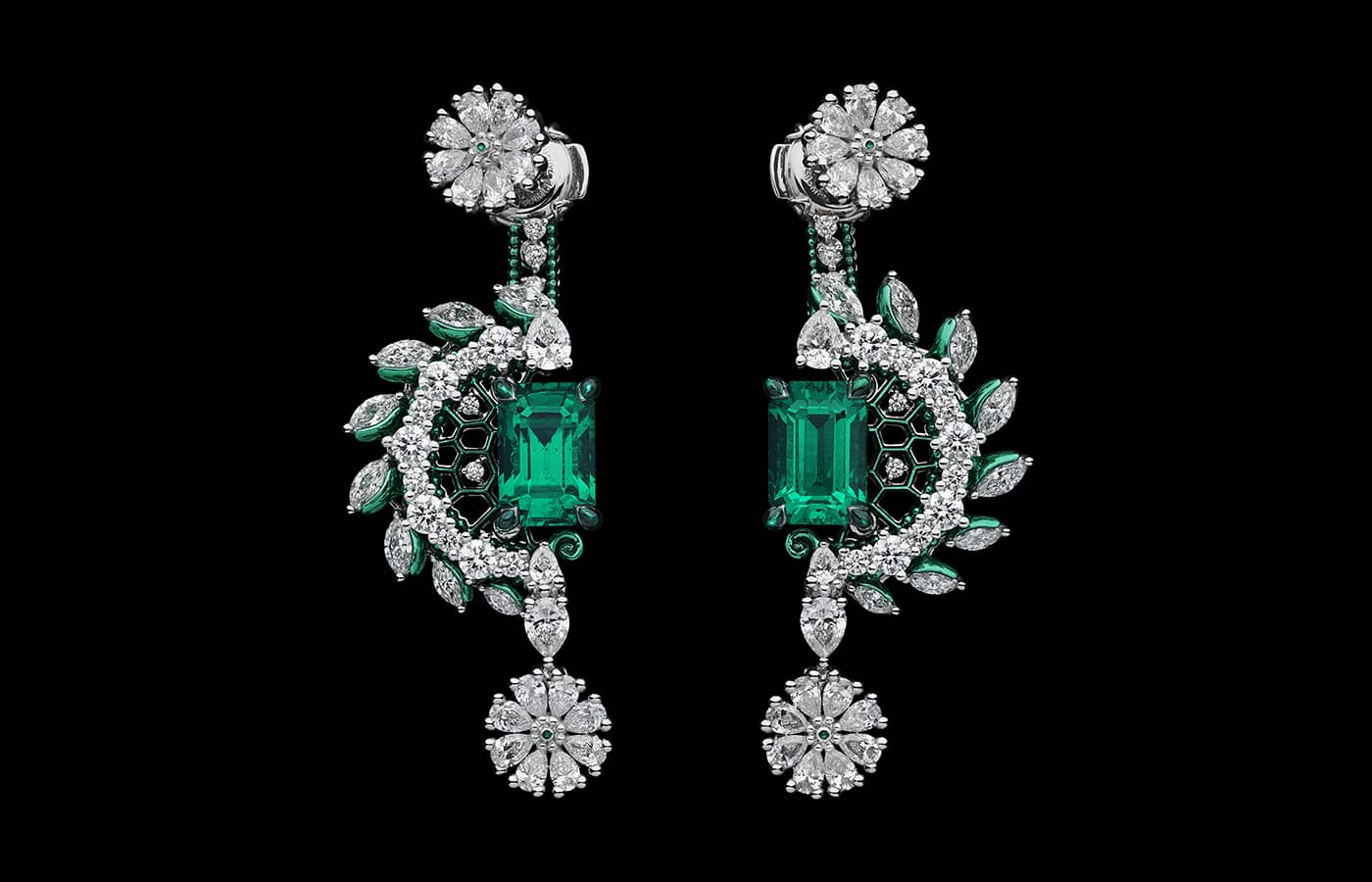  Dior Joaillerie earrings in white gold, platinum, diamonds, emerald and green lacquer from the Dearest Dior High jewellery collection