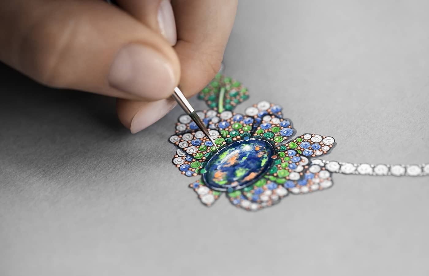  Close up sketch of the Dior Joaillerie Rose necklace in white and rose gold, diamonds, black opal, tsavorite garnets, sapphires, emeralds, purple, red, green and blue lacquers from the Dearest Dior High Jewellery collection