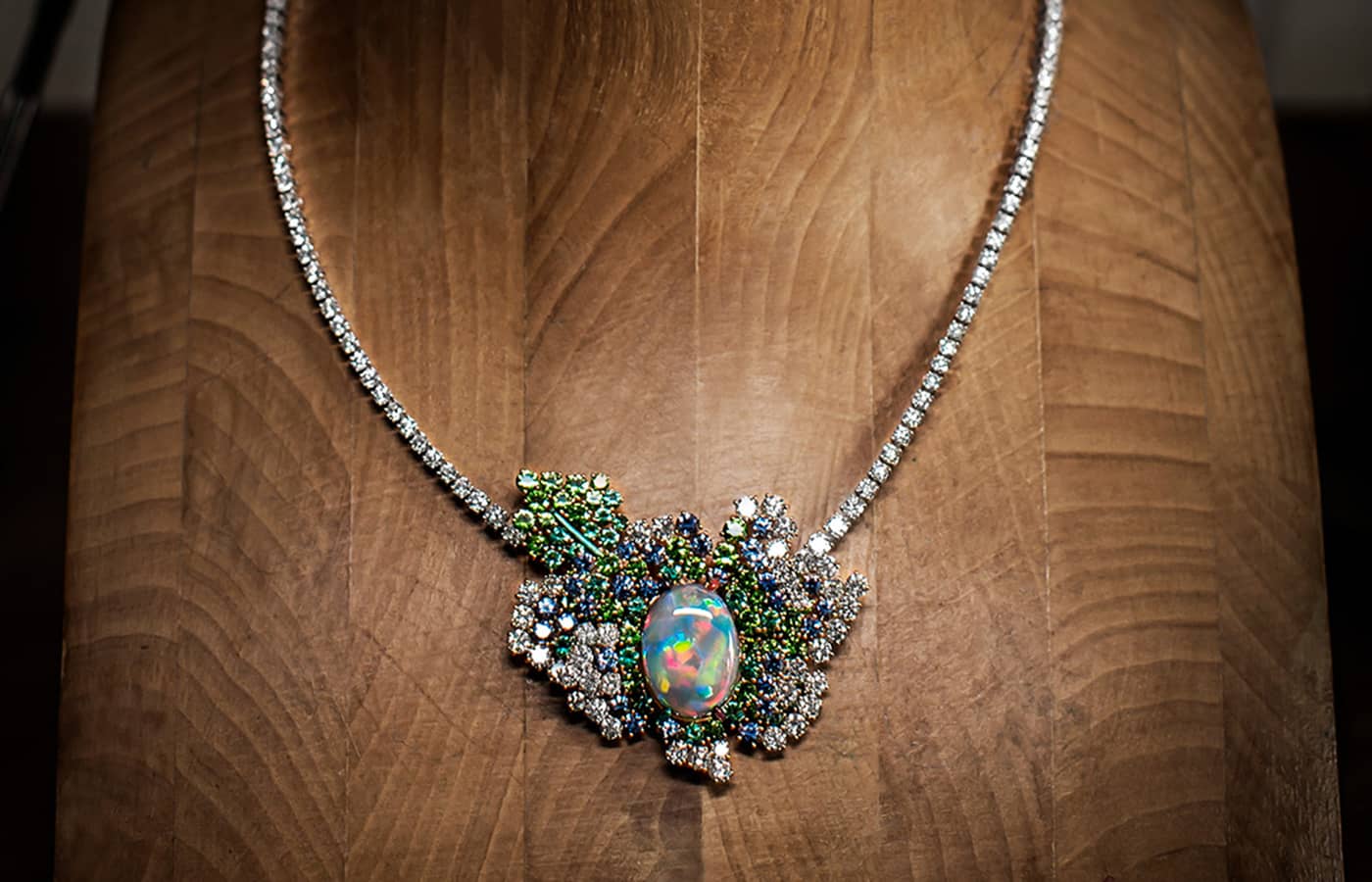 Dior Joaillerie Rose necklace in white and rose gold, diamonds, black opal, tsavorite garnets, sapphires, emeralds, purple, red, green and blue lacquers from the Dearest Dior High Jewellery collection