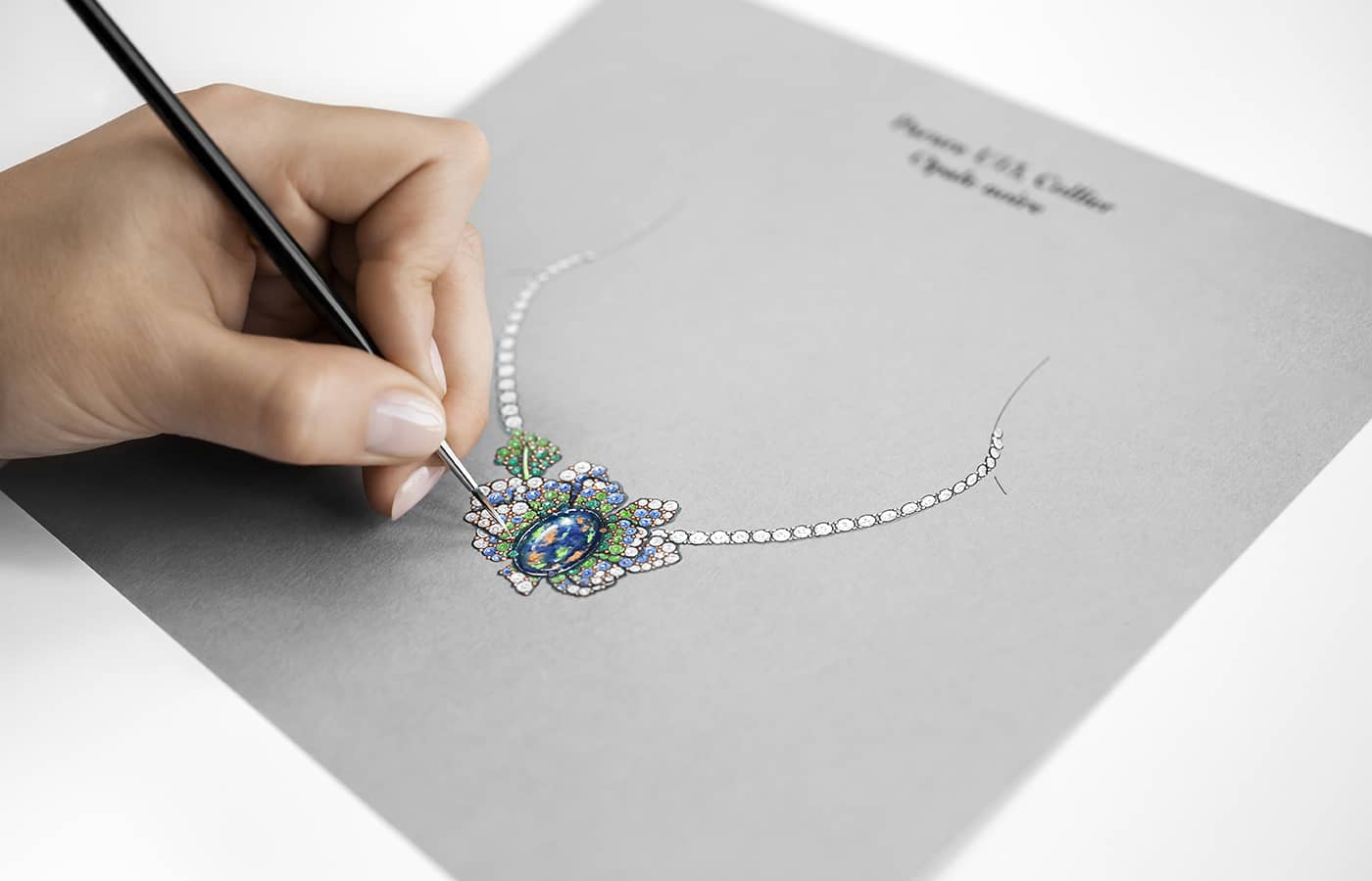  Sketching the Dior Joaillerie Rose necklace in white and rose gold, diamonds, black opal, tsavorite garnets, sapphires, emeralds, purple, red, green and blue lacquers from the Dearest Dior High Jewellery collection