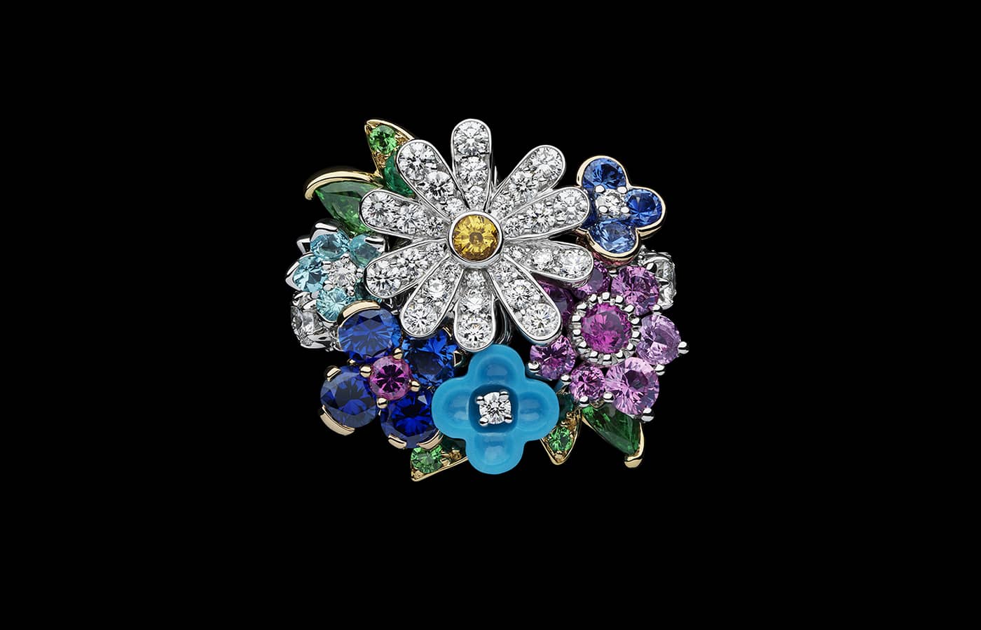   Dior Joaillerie ring in white, yellow and pink gold, diamonds, pink, blue and yellow sapphires, tsavorite garnets, emeralds, turquoises and purple garnets from the Dearest Dior High Jewellery collection