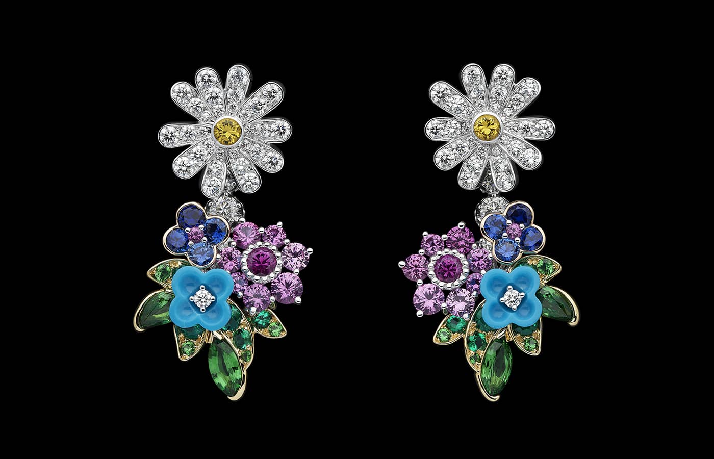 Dior Joaillerie earrings in white, yellow and pink gold, diamonds, pink, blue and yellow sapphires, tsavorite garnets, emeralds, turquoises and purple garnets from the Dearest Dior High Jewellery collection