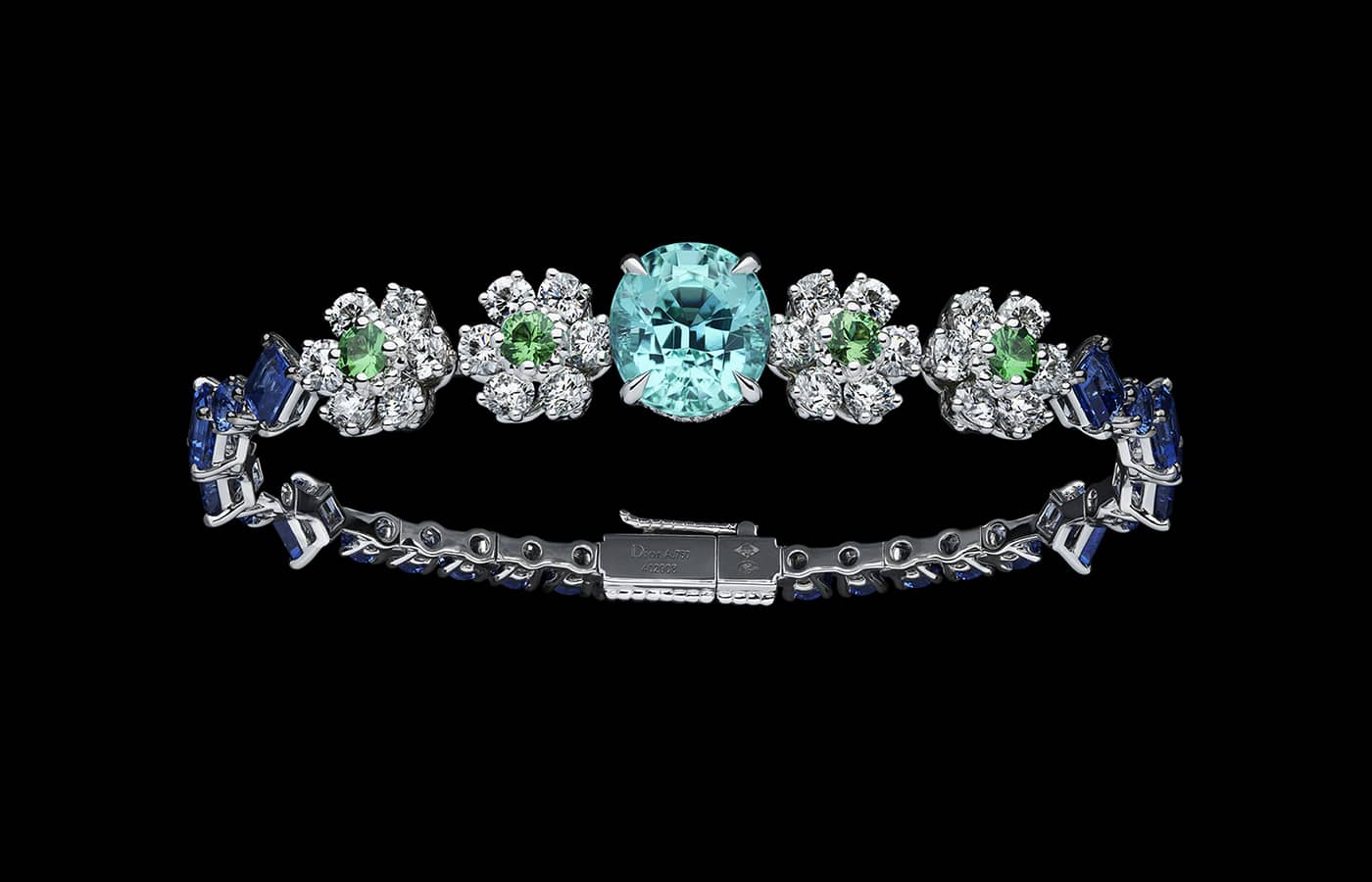  Dior Joaillerie bracelet in white gold, diamonds, blue tourmalines and tsavorite garnets from the Dearest Dior High Jewellery collection