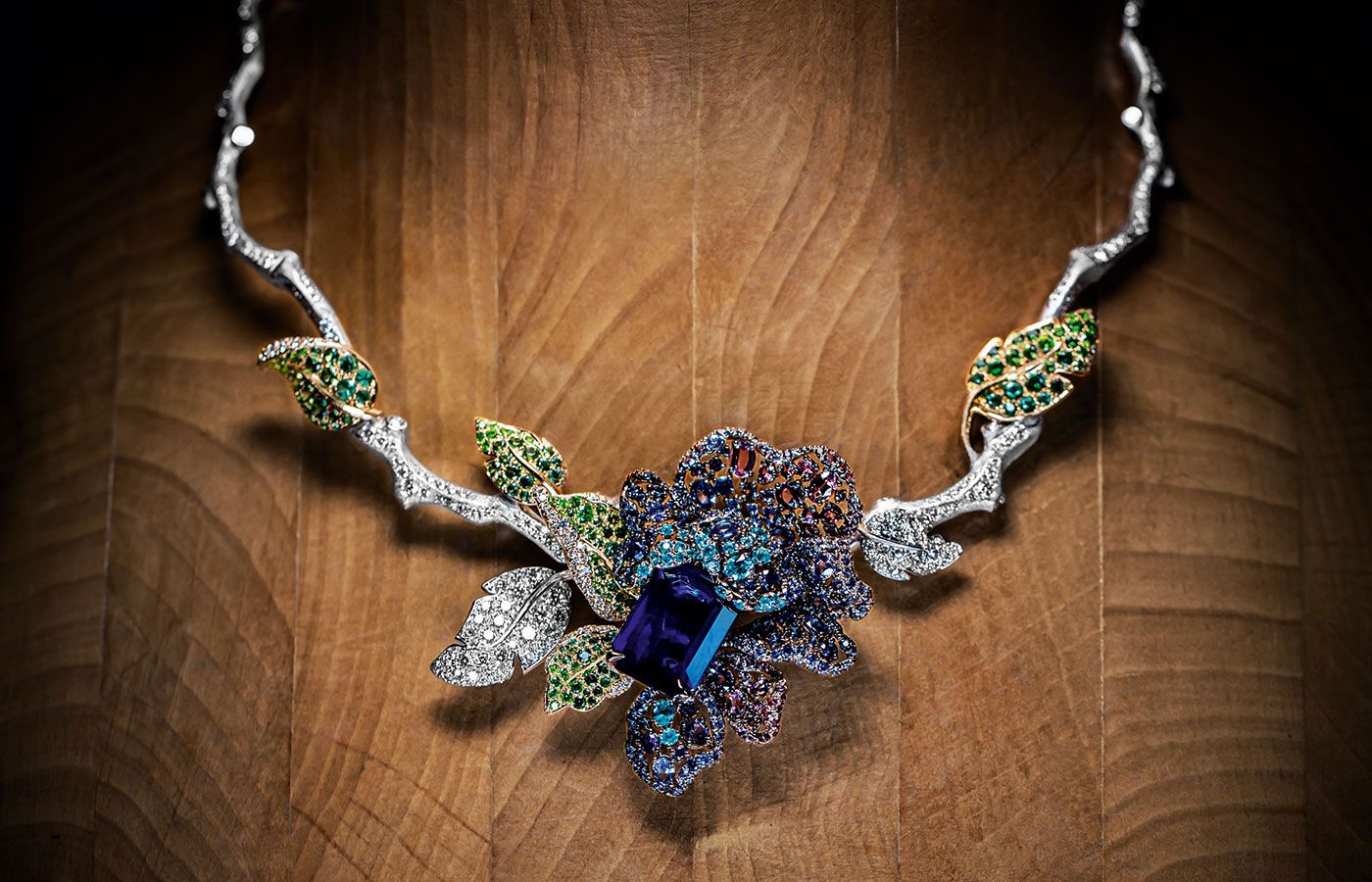 Dior Joaillerie Rose necklace in white and yellow gold, diamonds, blue and purple sapphires, tsavorite garnets, emeralds, purple and demantoid garnet, amethyst and Paraiba-type tourmaline from the Dearest Dior High Jewellery collection