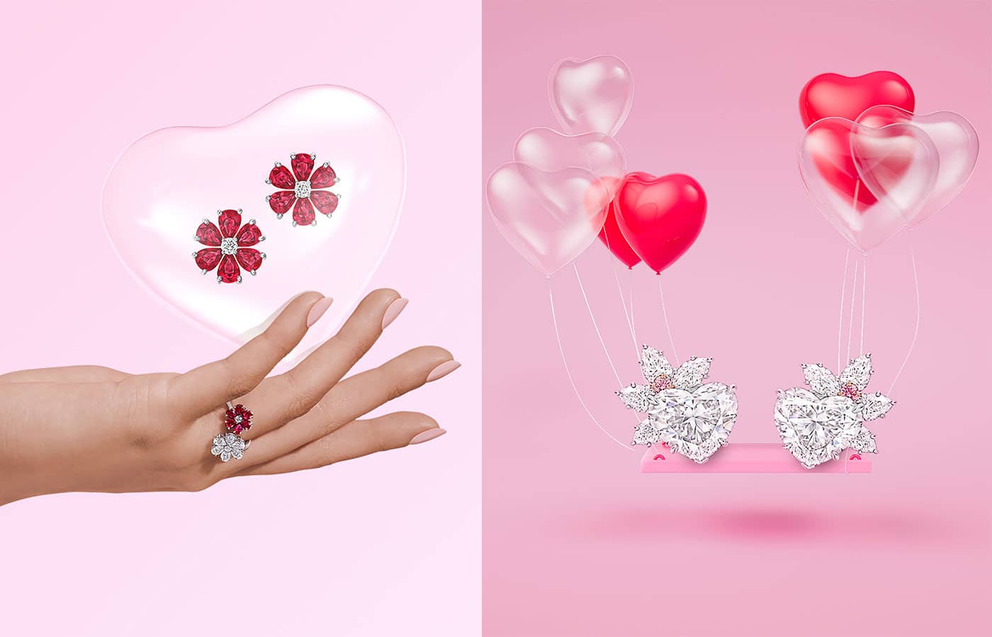 Harry Winston Forget-Me-Not earrings and ring in white gold, rubies, diamonds and Magificent Heart-Shaped Diamond Stud earrings in white gold and diamond