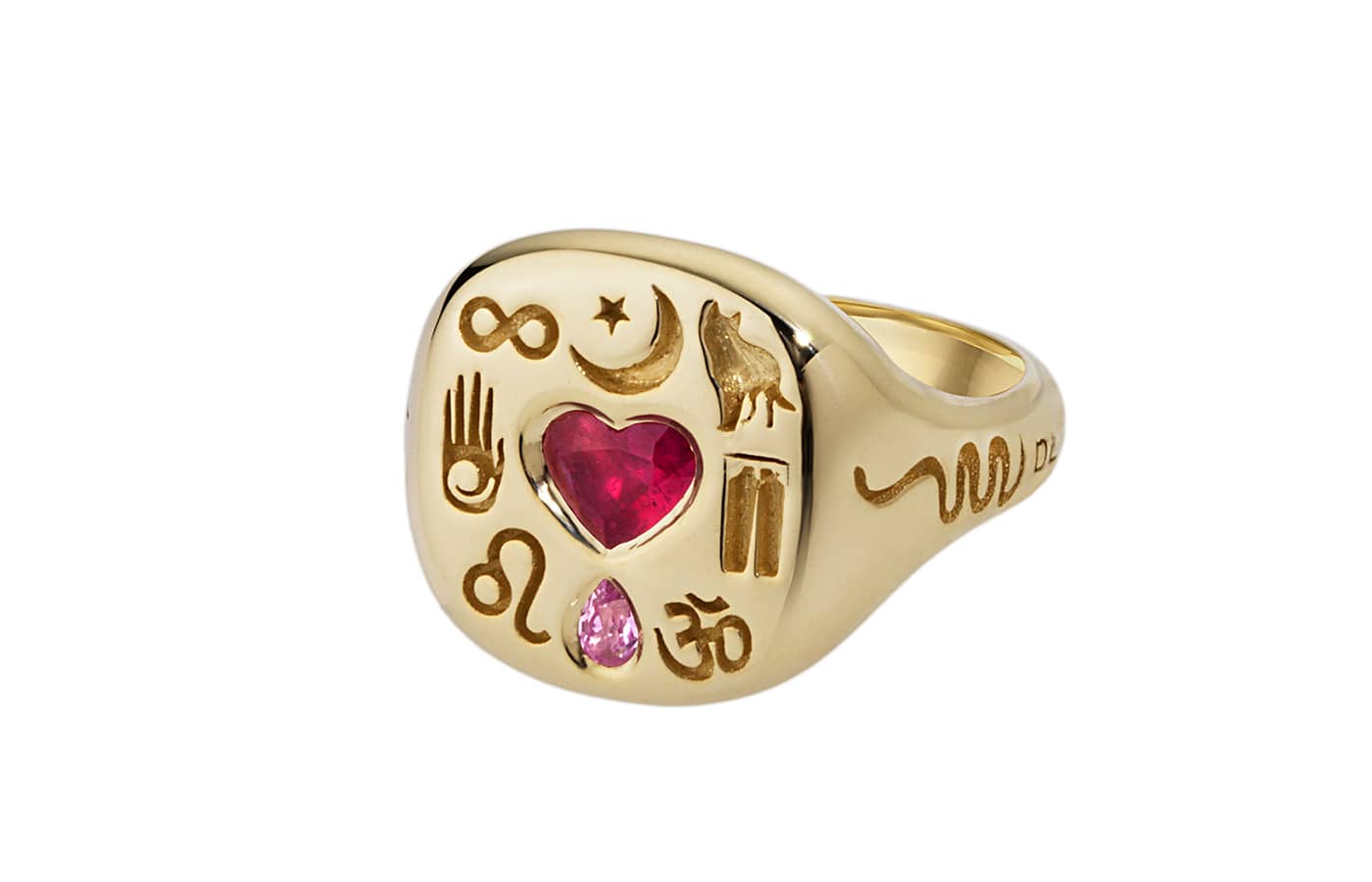  DYNE Loverglyphs pinky ring yellow gold, ruby and pink sapphire
