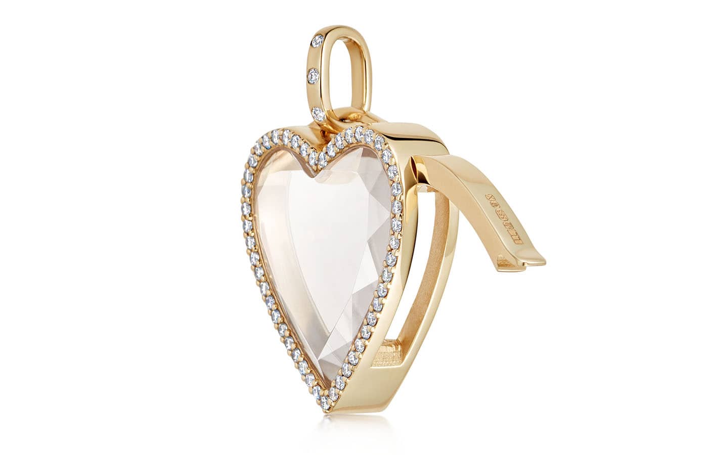  Open side view of Loquet London Heart locket pendant in yellow gold and diamonds