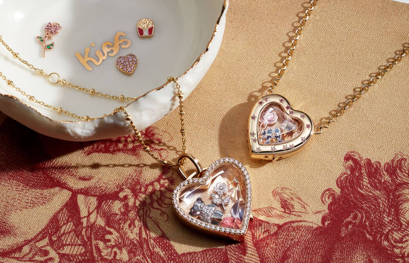 Loquet London Heart locket pendant in yellow gold and diamonds filled with personalised charms