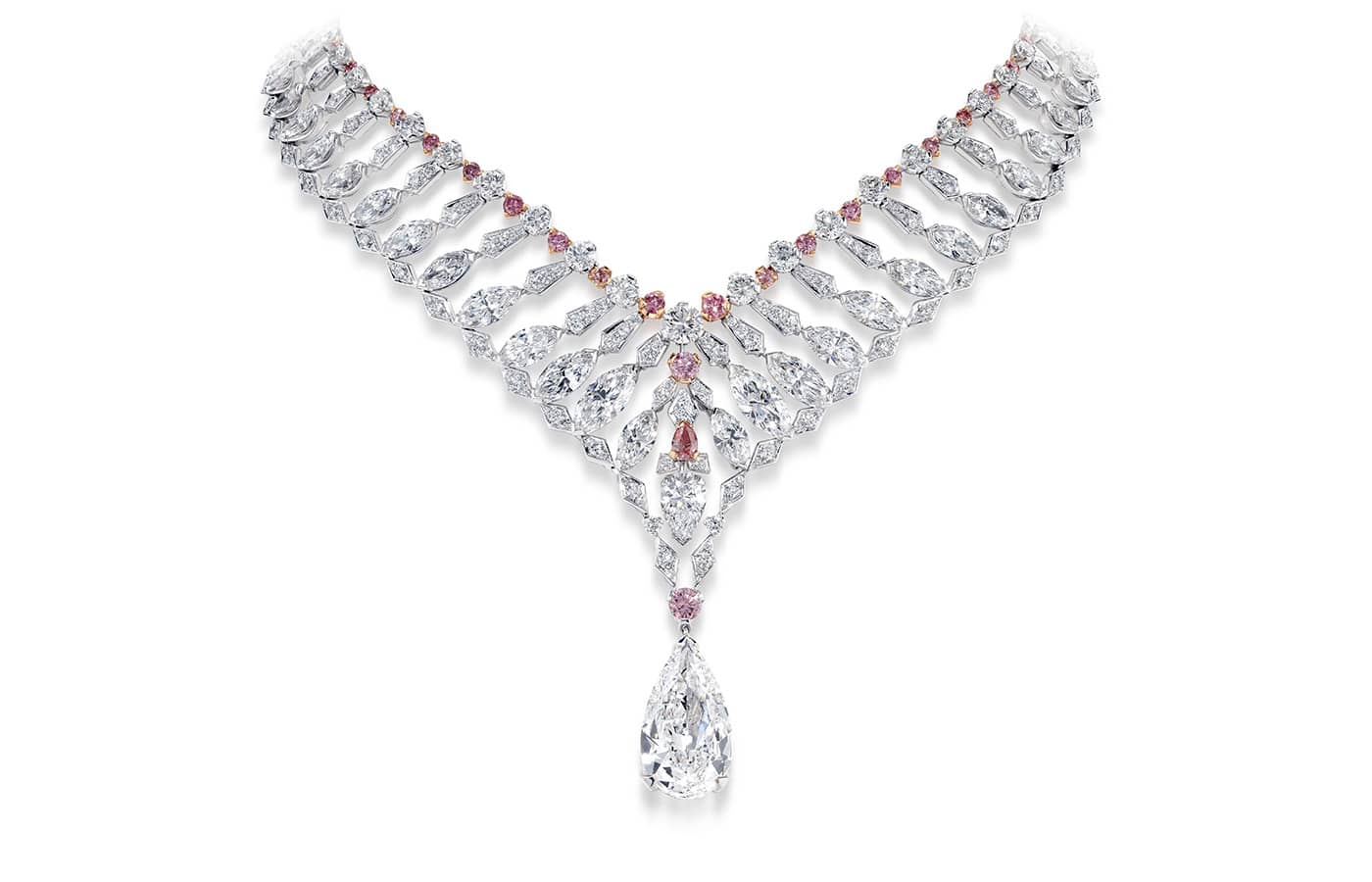 David Morris Antares necklace in white gold featuring 5.57-cts of pink diamonds, 65.2-cts of white diamonds, with a 15.94-ct pear-shaped diamond pendant from the Skylines High Jewellery collection