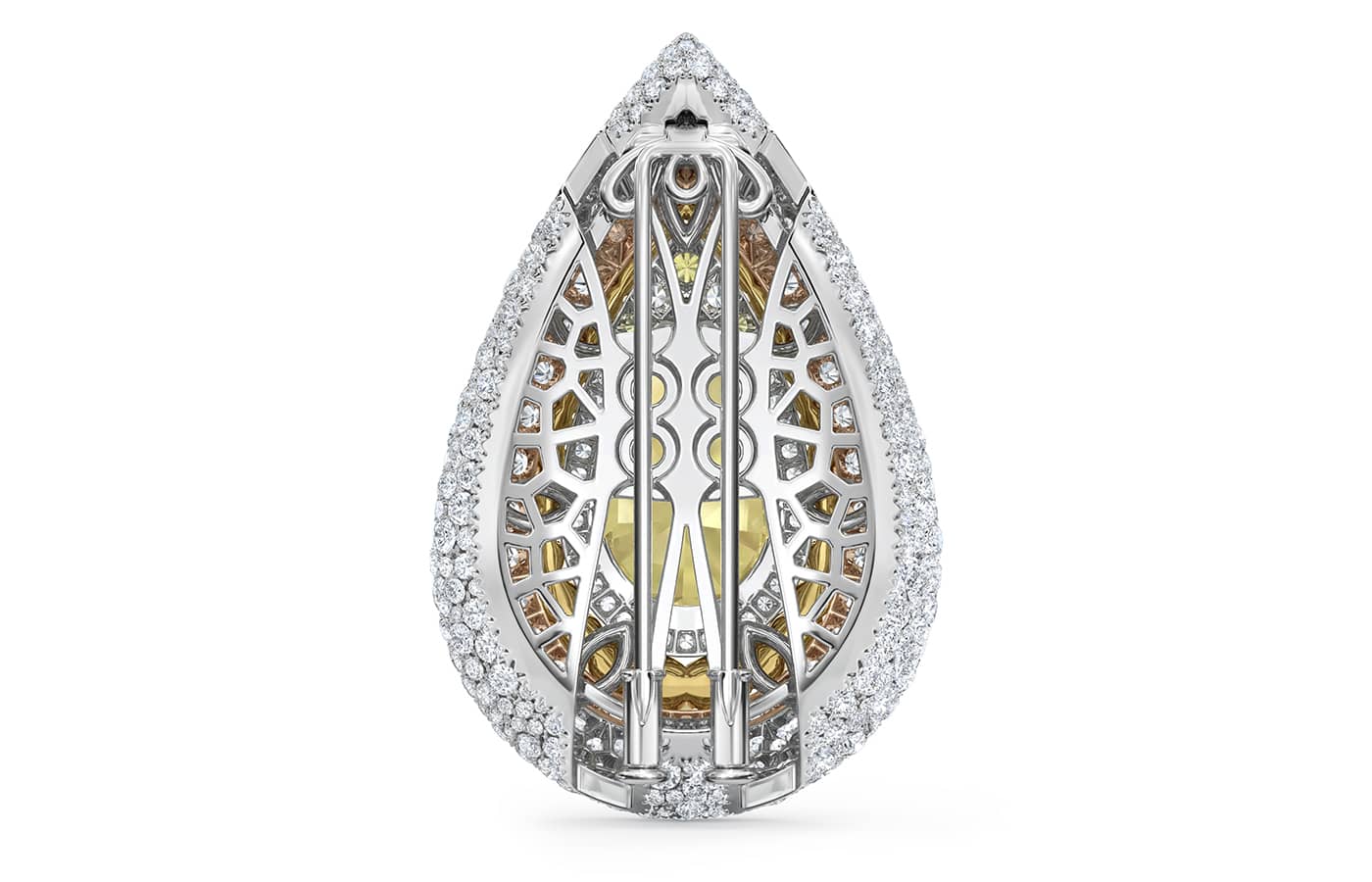  Backing of the De Beers Prelude transformable jewel in brooch form in yellow, rose and white gold, brown diamonds, white diamonds and a 10.05-ct Fancy Light Yellow pear-shaped diamond from the Metamorphosis High Jewellery collection 